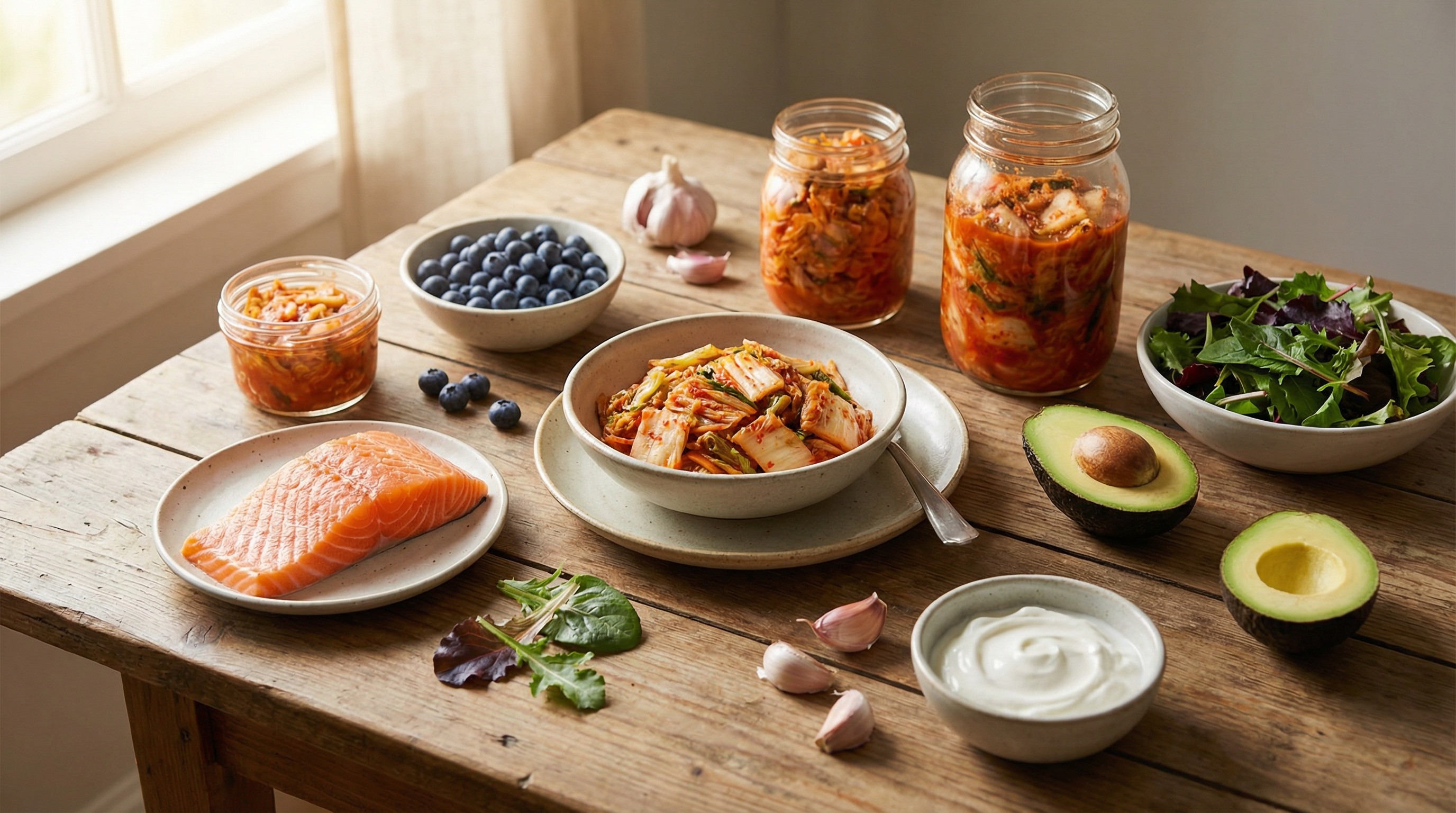 Array of prebiotic-rich and anti-inflammatory foods including fermented vegetables, omega-3 rich fish, and colorful fruits that support gut health for clearer skin