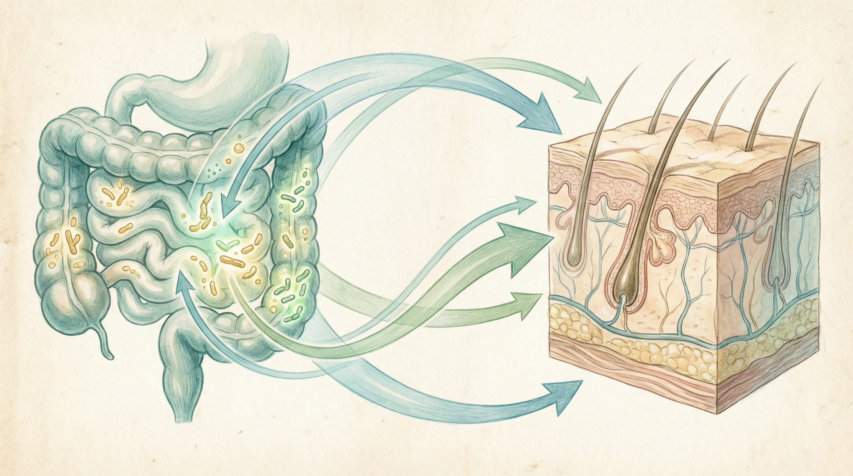 Illustration of the gut-skin axis showing how intestinal microbiome imbalances can trigger inflammatory skin responses leading to acne