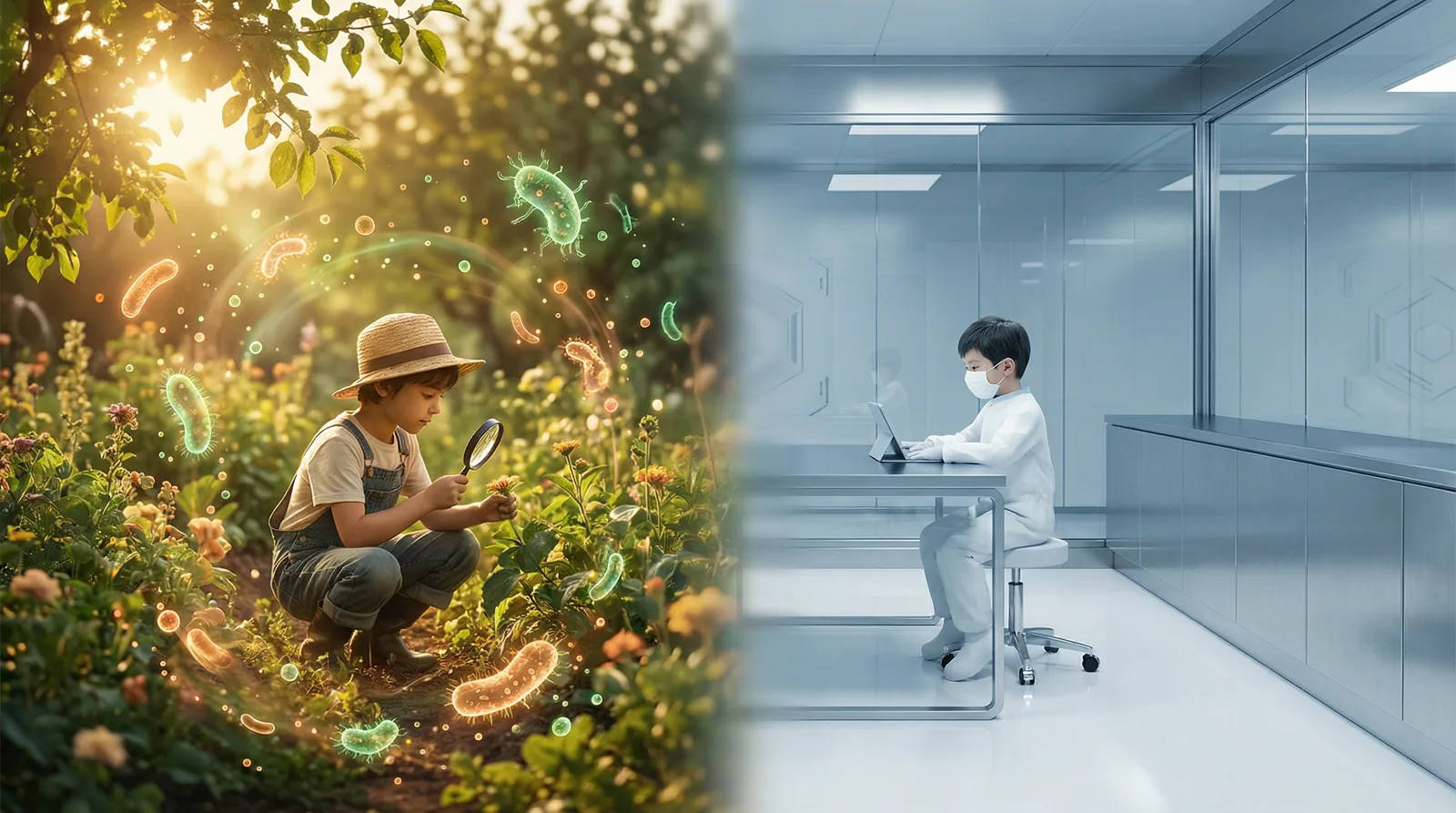 Conceptual illustration comparing diverse microbial exposure in nature versus sterile modern environments and their effect on allergy development