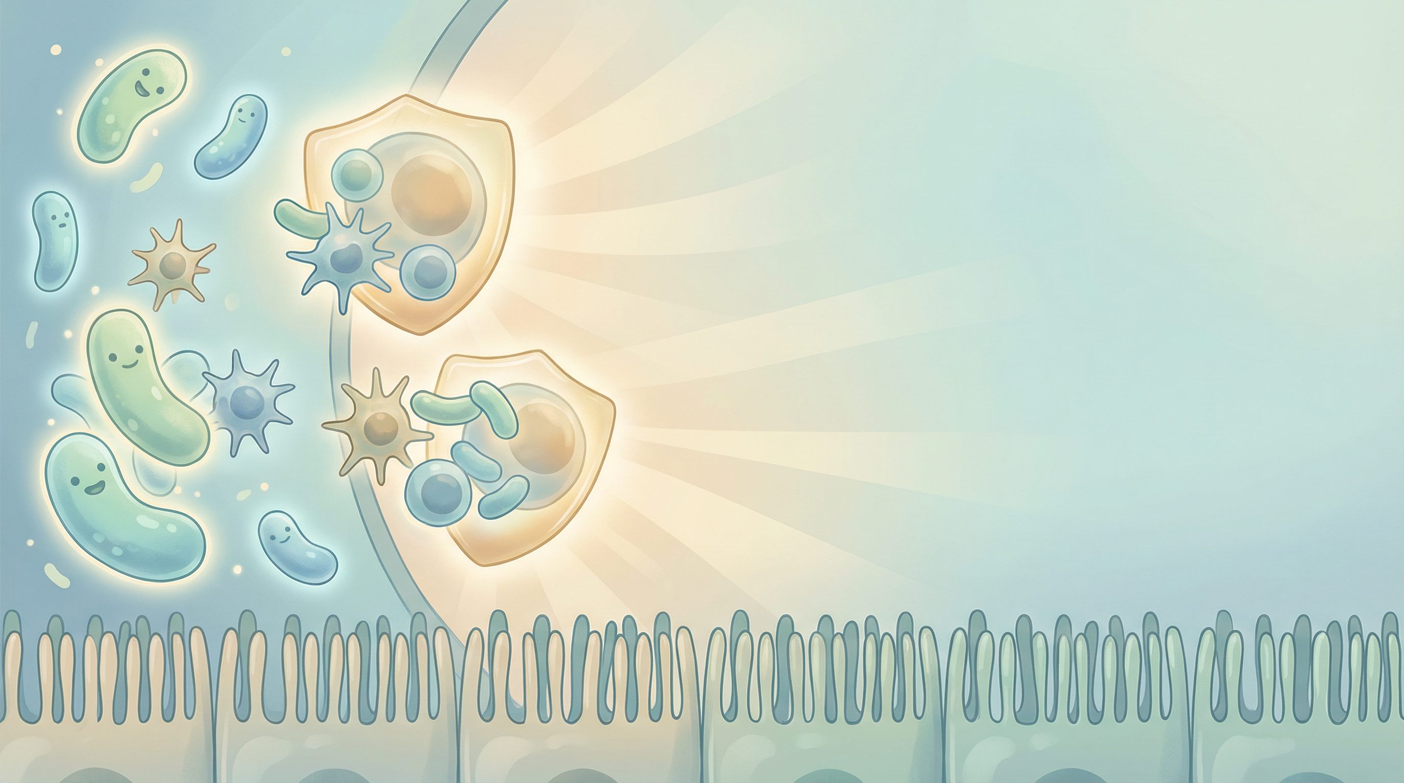 Illustration of the immune system learning tolerance through gut microbiome interactions showing regulatory T-cells and beneficial bacteria