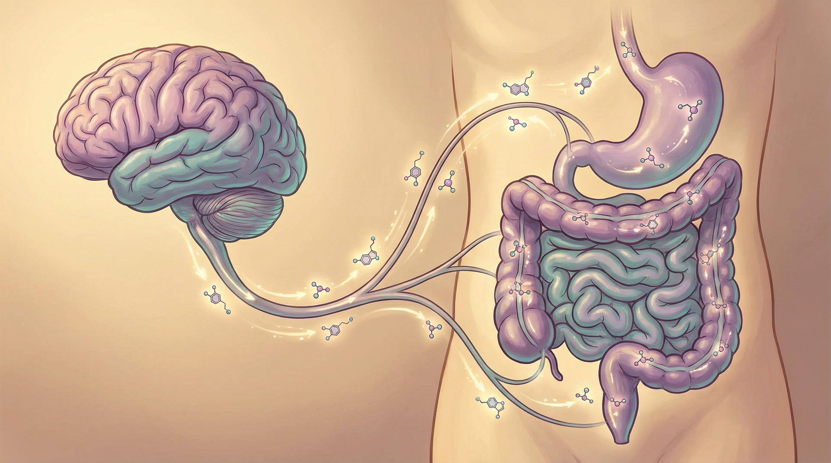 Illustration of the vagus nerve connecting the brain and gut showing bidirectional communication pathways between the nervous system and intestinal microbiome