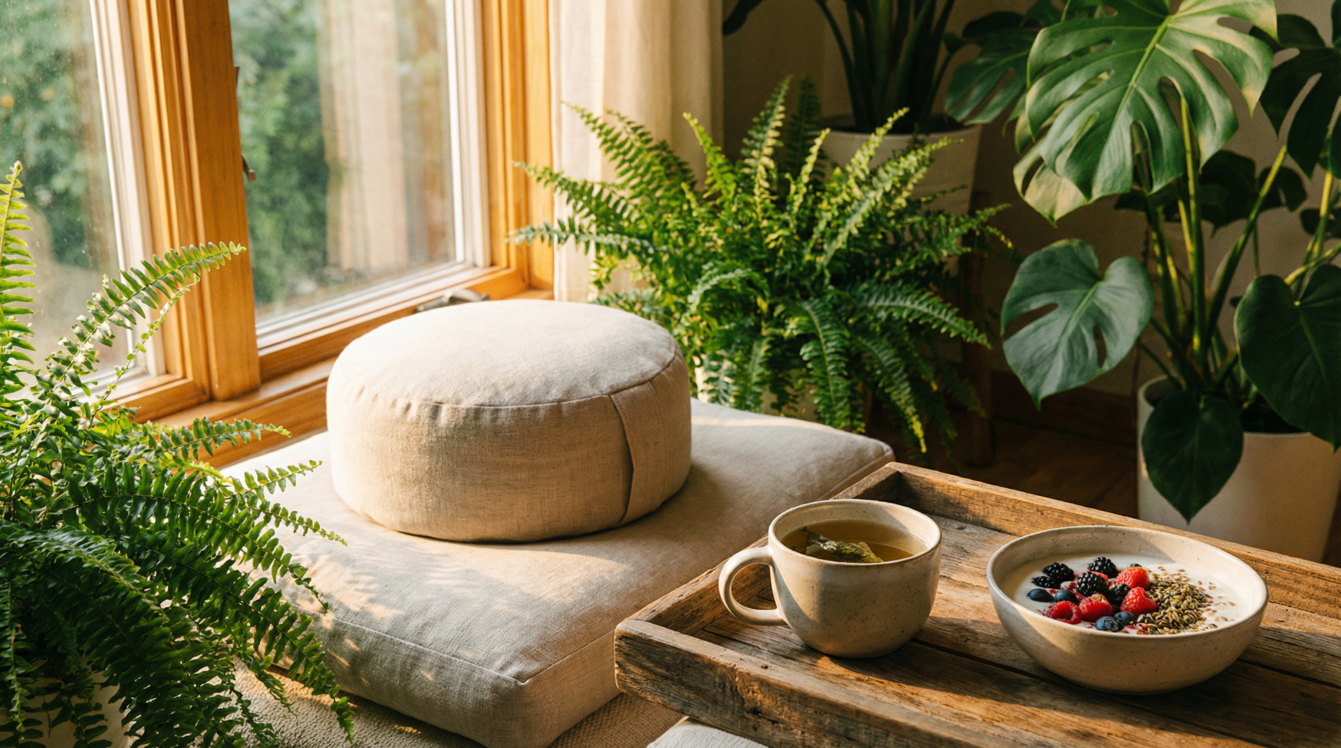 Calming wellness scene with meditation, healthy foods, and nature elements that support the gut-brain connection for better mental health