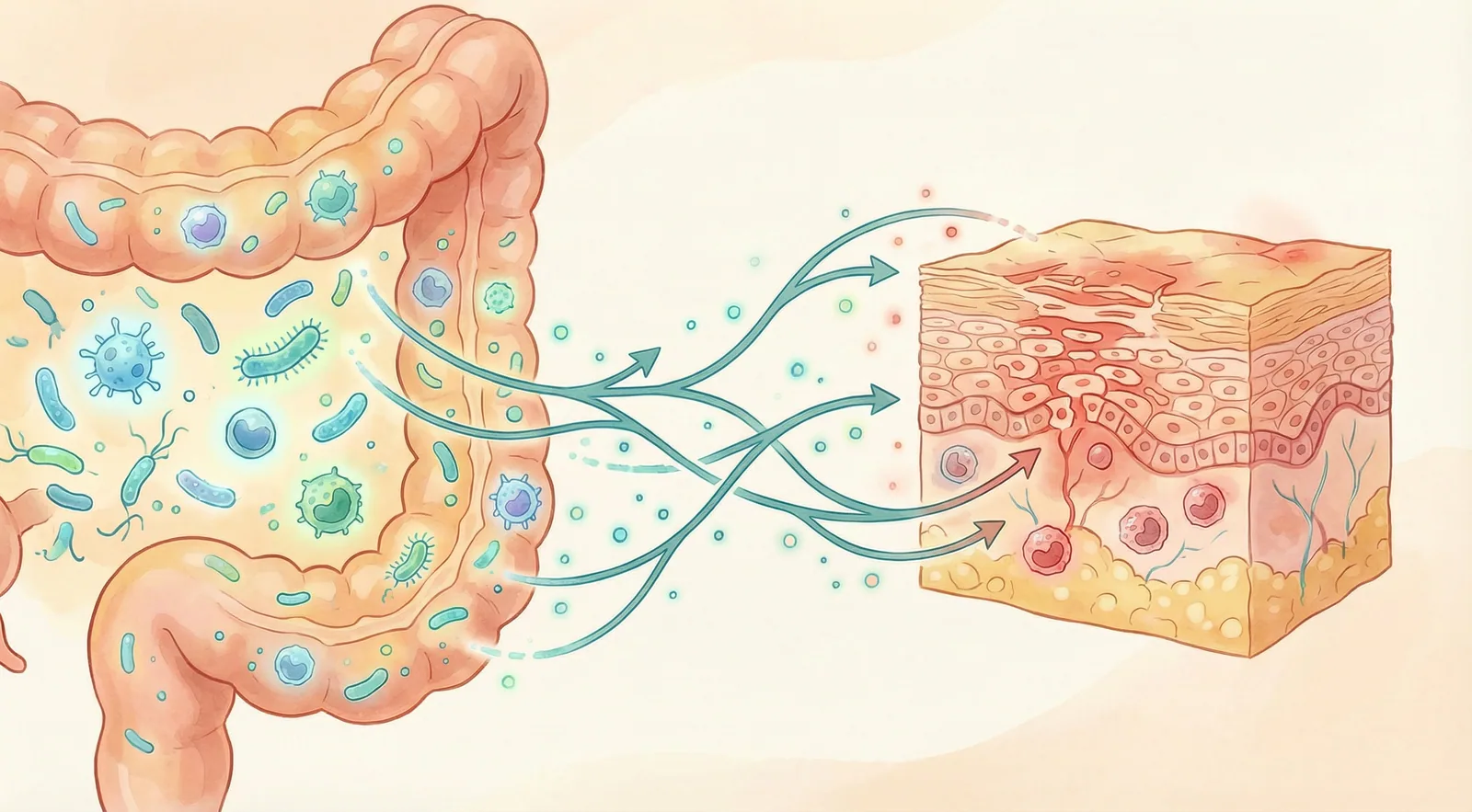 Medical illustration showing how gut microbiome disruption leads to immune dysregulation and skin barrier breakdown in eczema