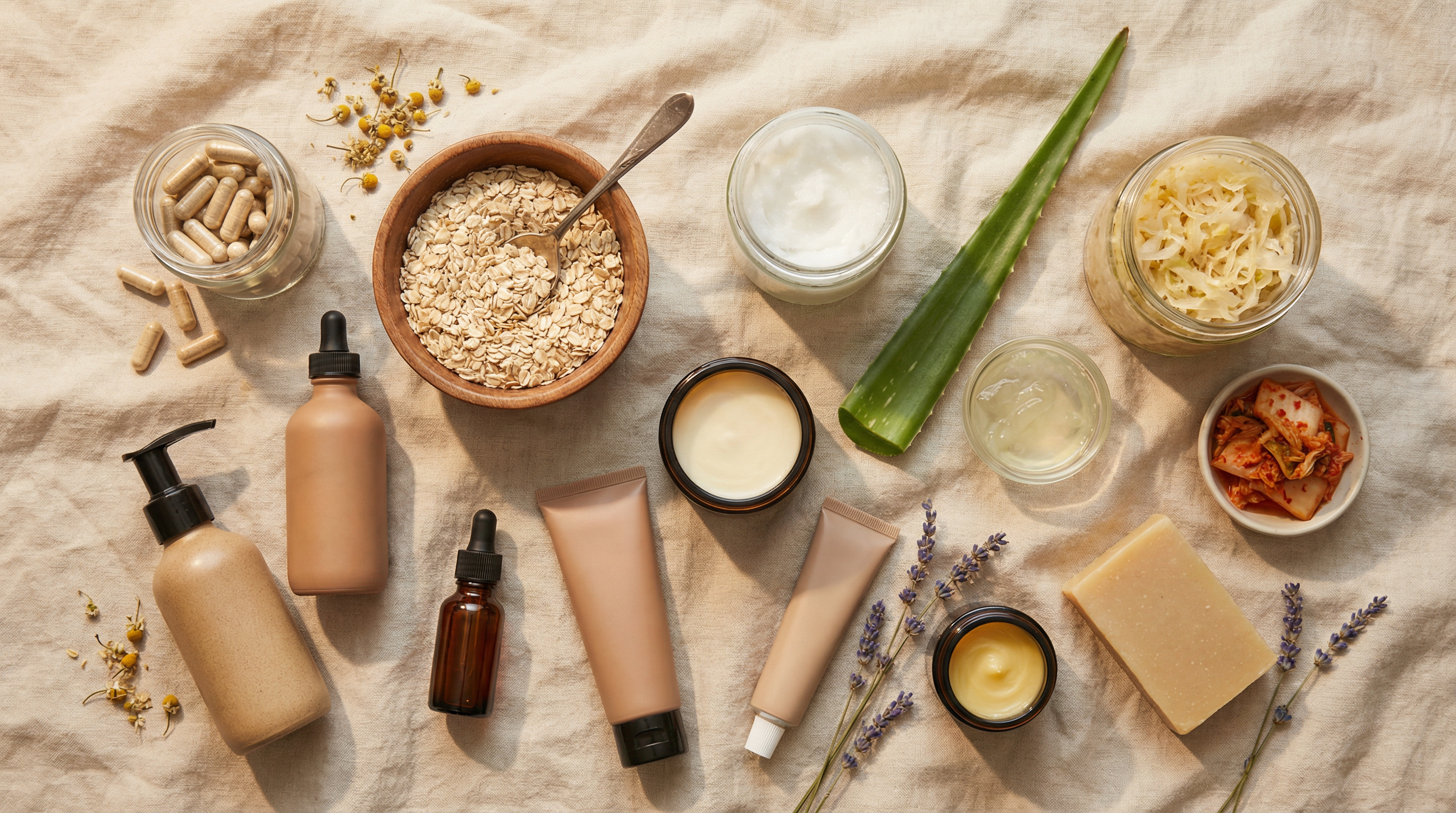 Natural skincare ingredients and probiotic supplements used in microbiome-based approaches to managing eczema symptoms