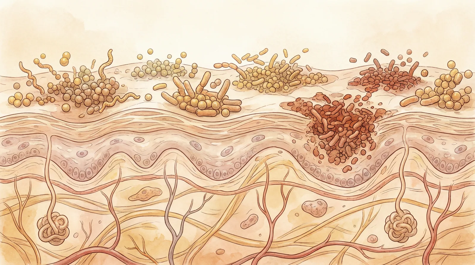 Microscopic view of the skin microbiome showing the balance between protective bacteria and Staphylococcus aureus overgrowth in eczema-affected skin