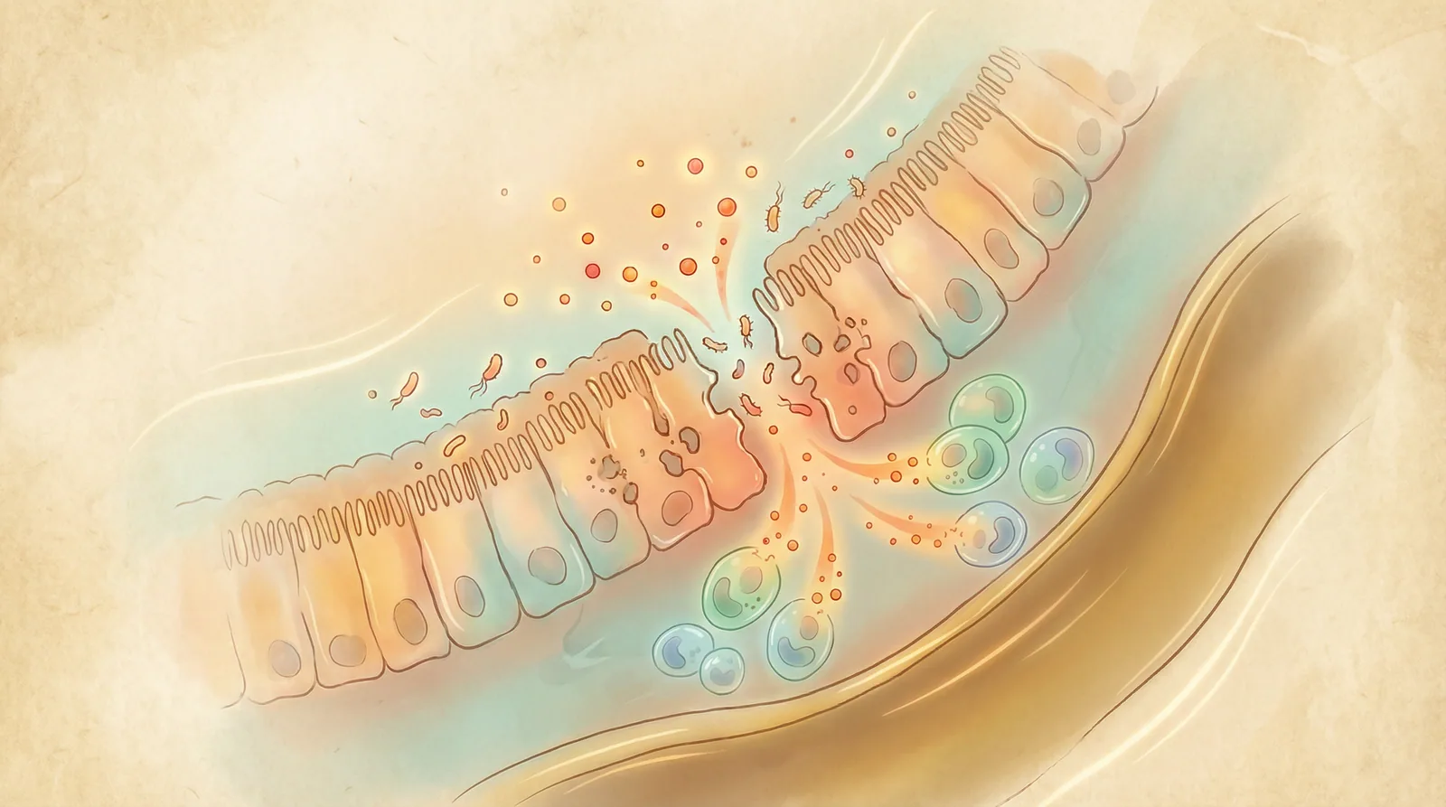 Diagram showing immune system mechanisms in IBD including barrier dysfunction, immune cell activation, and inflammatory cascade triggered by microbiome imbalance
