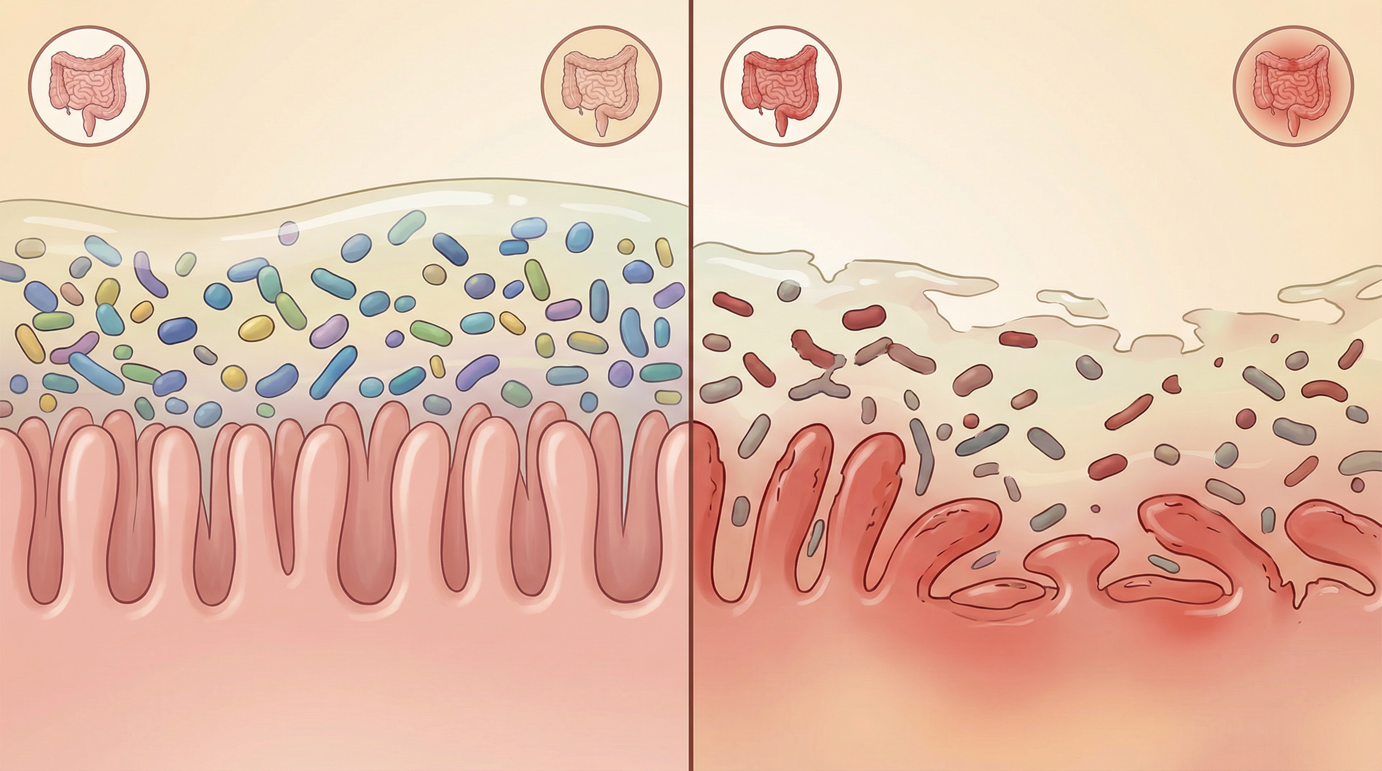 Illustration comparing healthy diverse gut microbiome versus the reduced microbial diversity seen in inflammatory bowel disease