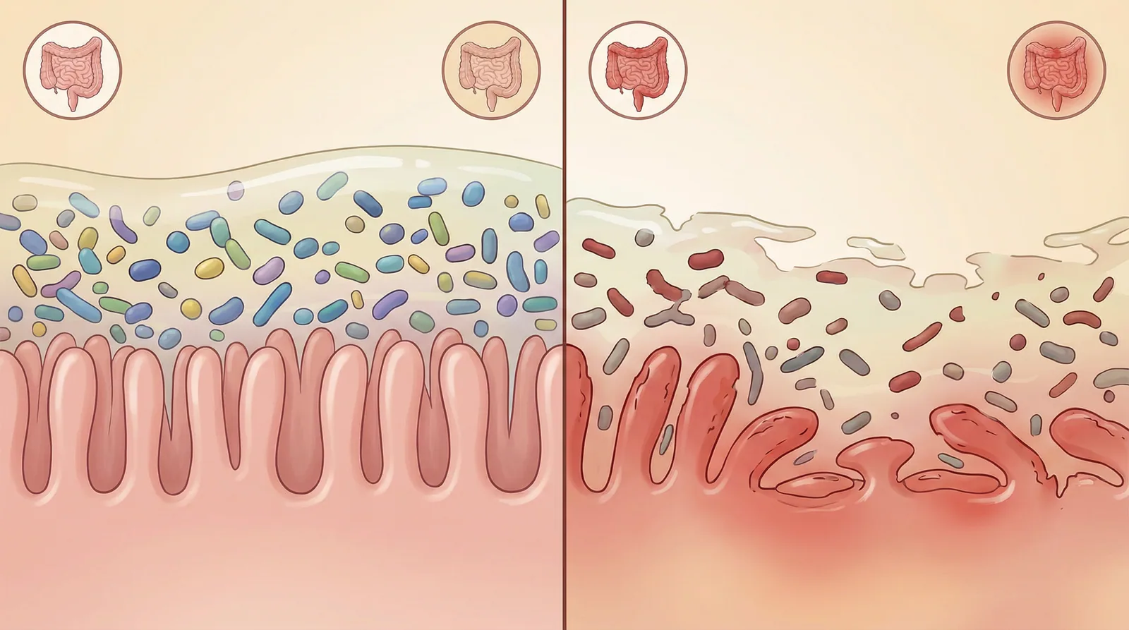 Illustration comparing healthy diverse gut microbiome versus the reduced microbial diversity seen in inflammatory bowel disease