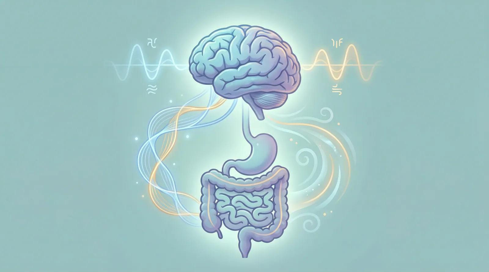 The gut-brain axis in IBS showing how stress and anxiety signals travel between the brain and digestive system through neural and hormonal pathways