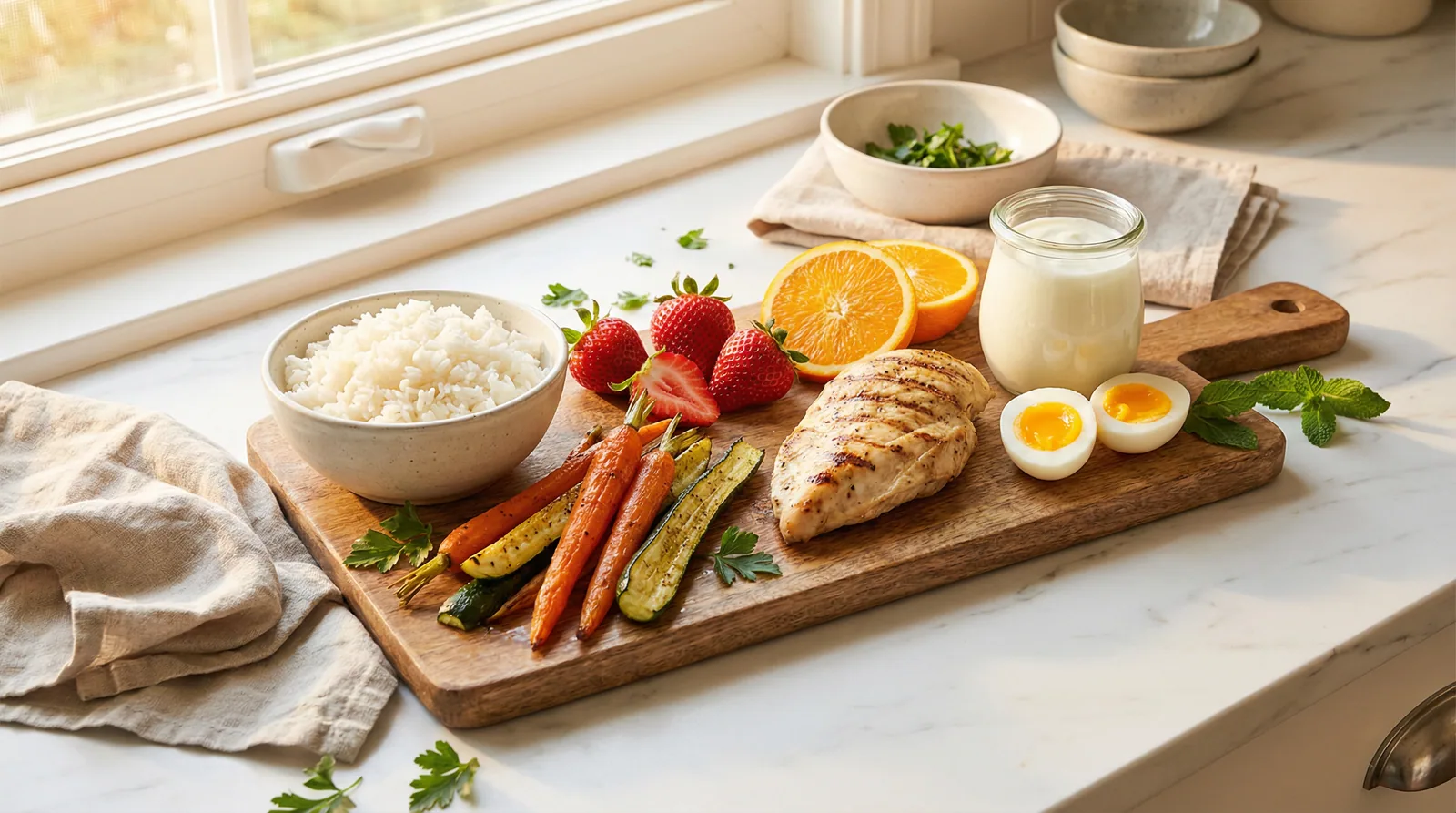 Selection of low-FODMAP friendly foods and probiotic supplements commonly recommended for managing IBS symptoms through diet