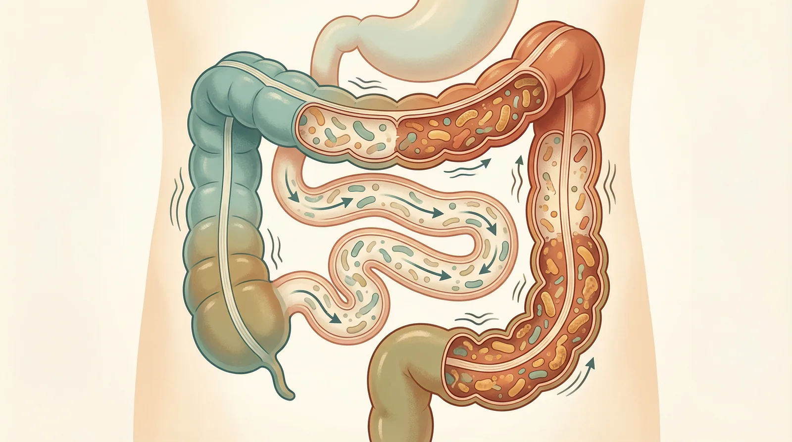 Illustration of the gut microbiome imbalances commonly found in irritable bowel syndrome showing altered bacterial composition and gut motility