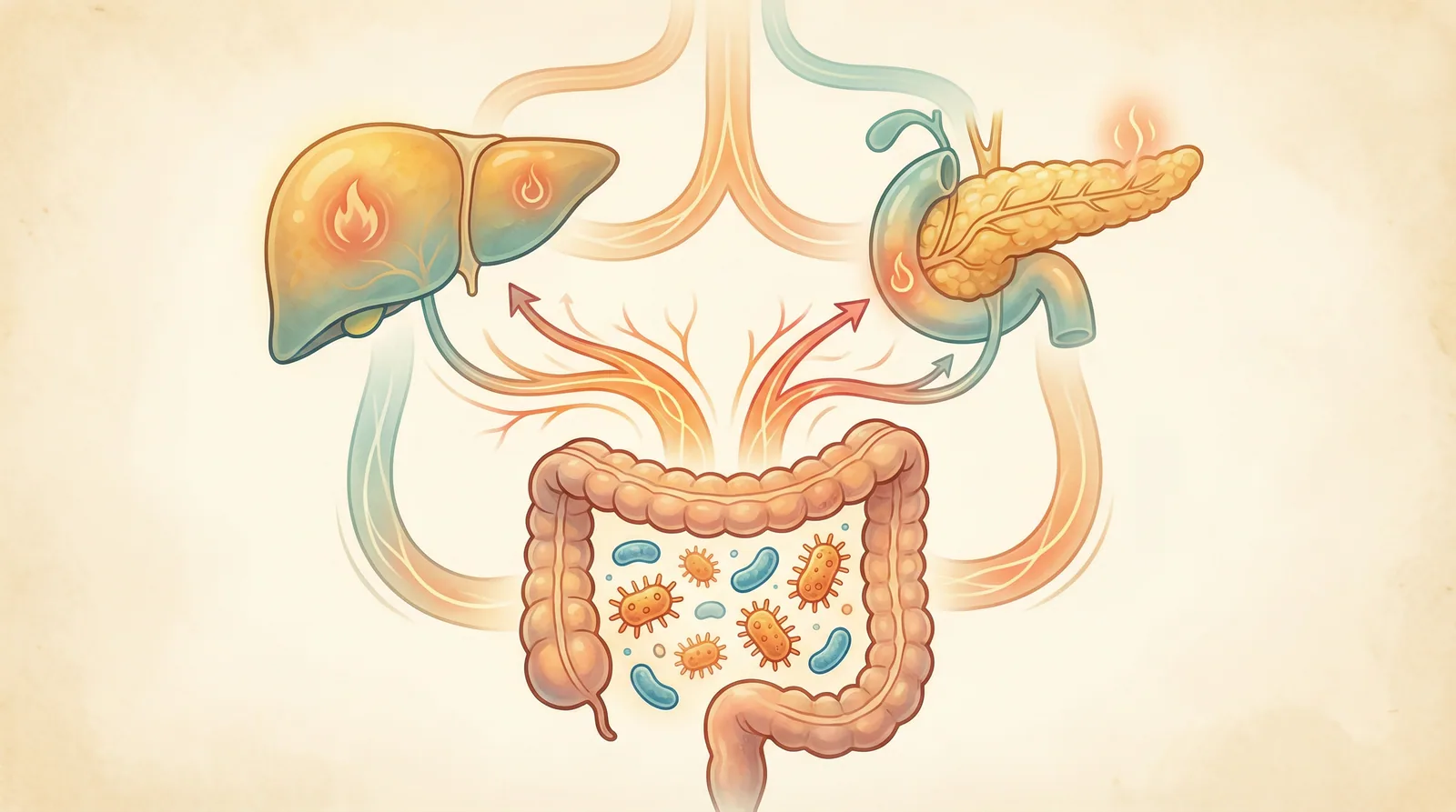 Medical illustration showing how gut microbiome imbalances contribute to insulin resistance, inflammation, and metabolic dysfunction