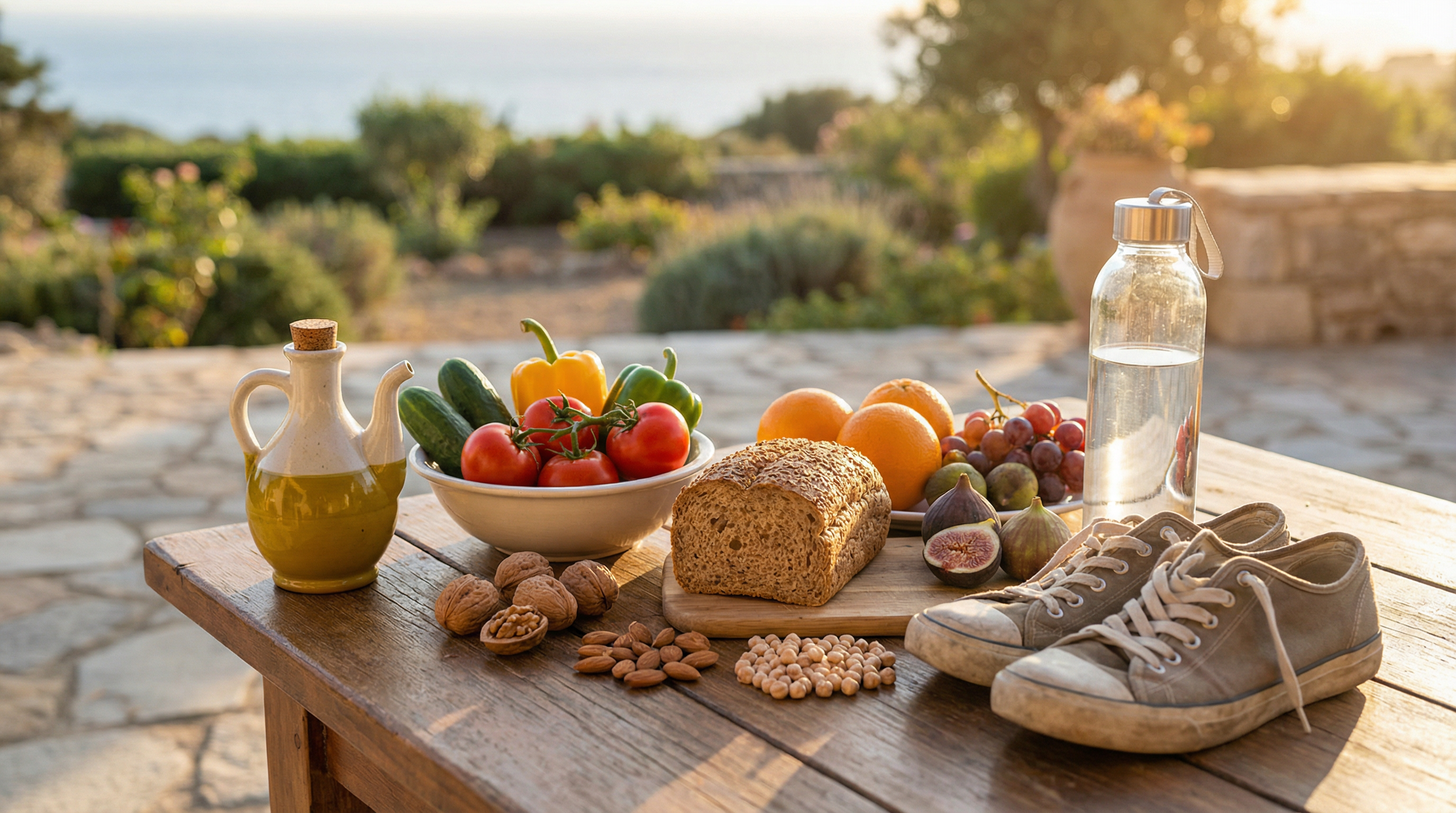 Healthy Mediterranean-style foods and active lifestyle elements that support metabolic health through gut microbiome optimization