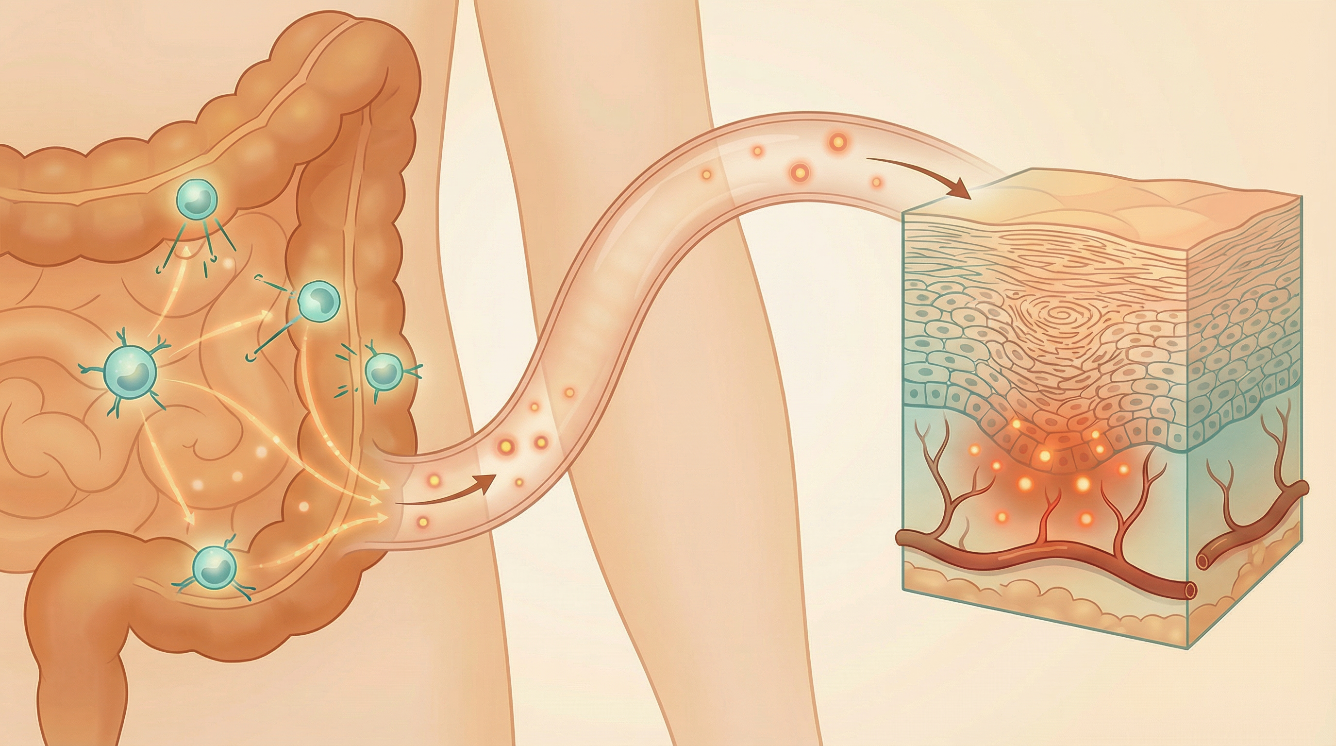 Illustration of the gut-skin axis in psoriasis showing how intestinal inflammation and microbiome disruption drive autoimmune skin responses