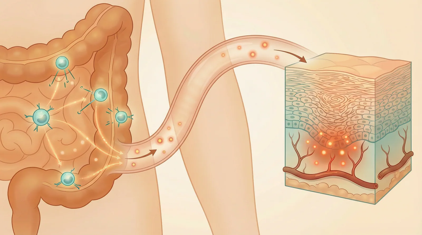Illustration of the gut-skin axis in psoriasis showing how intestinal inflammation and microbiome disruption drive autoimmune skin responses
