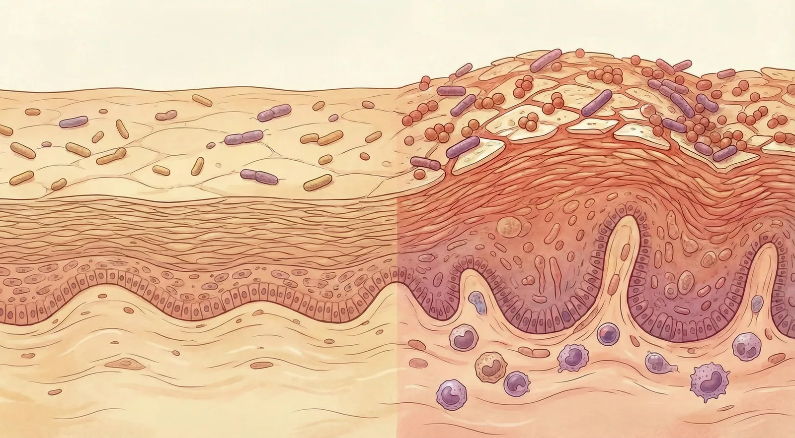 Microscopic view of the altered skin microbiome in psoriasis showing changes in bacterial diversity on affected versus healthy skin areas