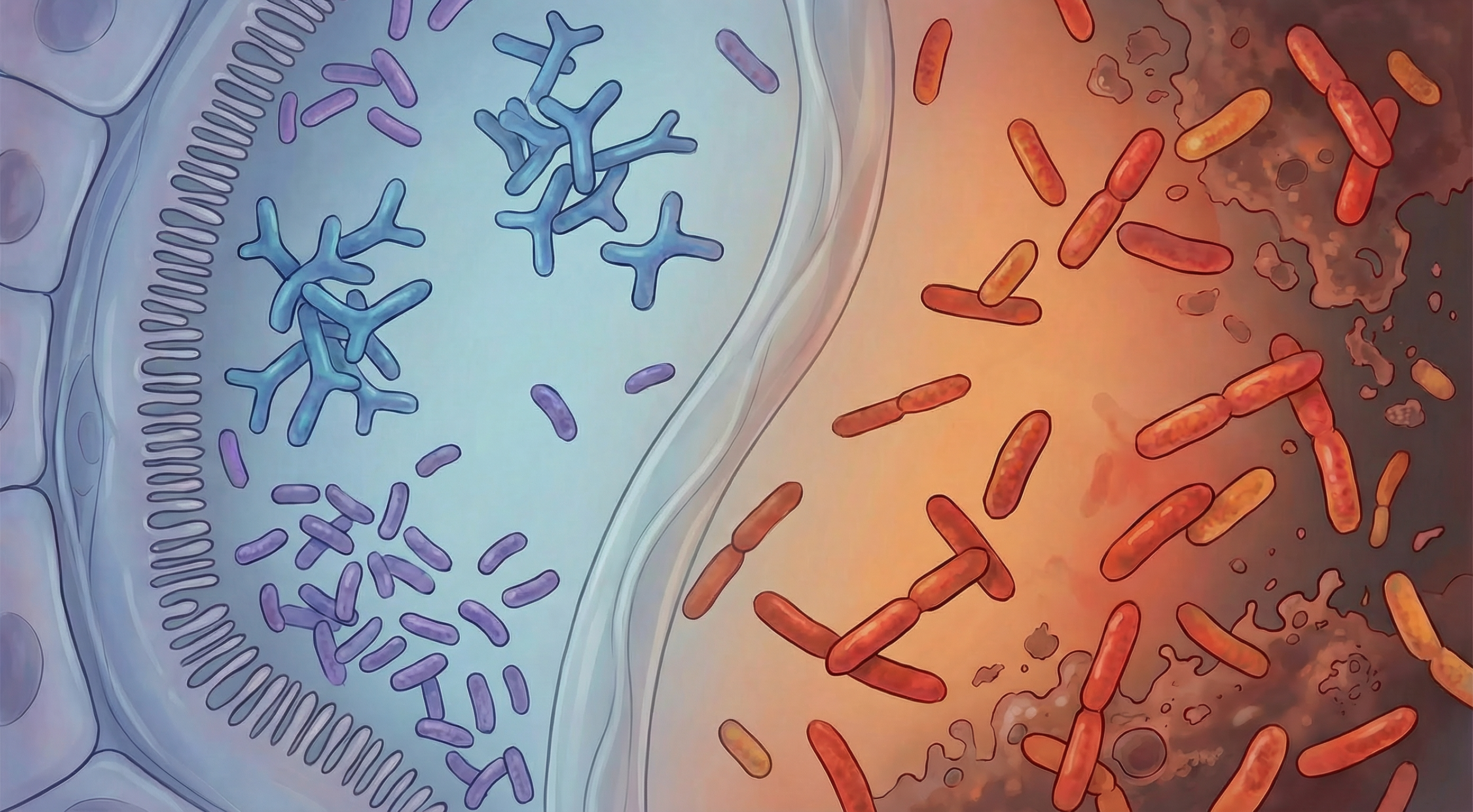 Illustration of Prevotella copri and other bacteria implicated in rheumatoid arthritis alongside protective species that help maintain immune balance