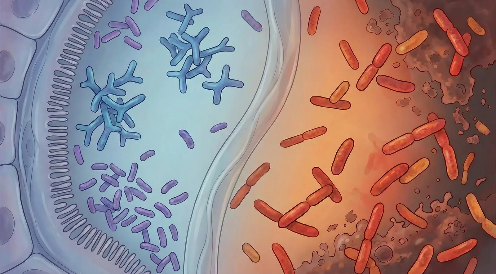 Illustration of Prevotella copri and other bacteria implicated in rheumatoid arthritis alongside protective species that help maintain immune balance