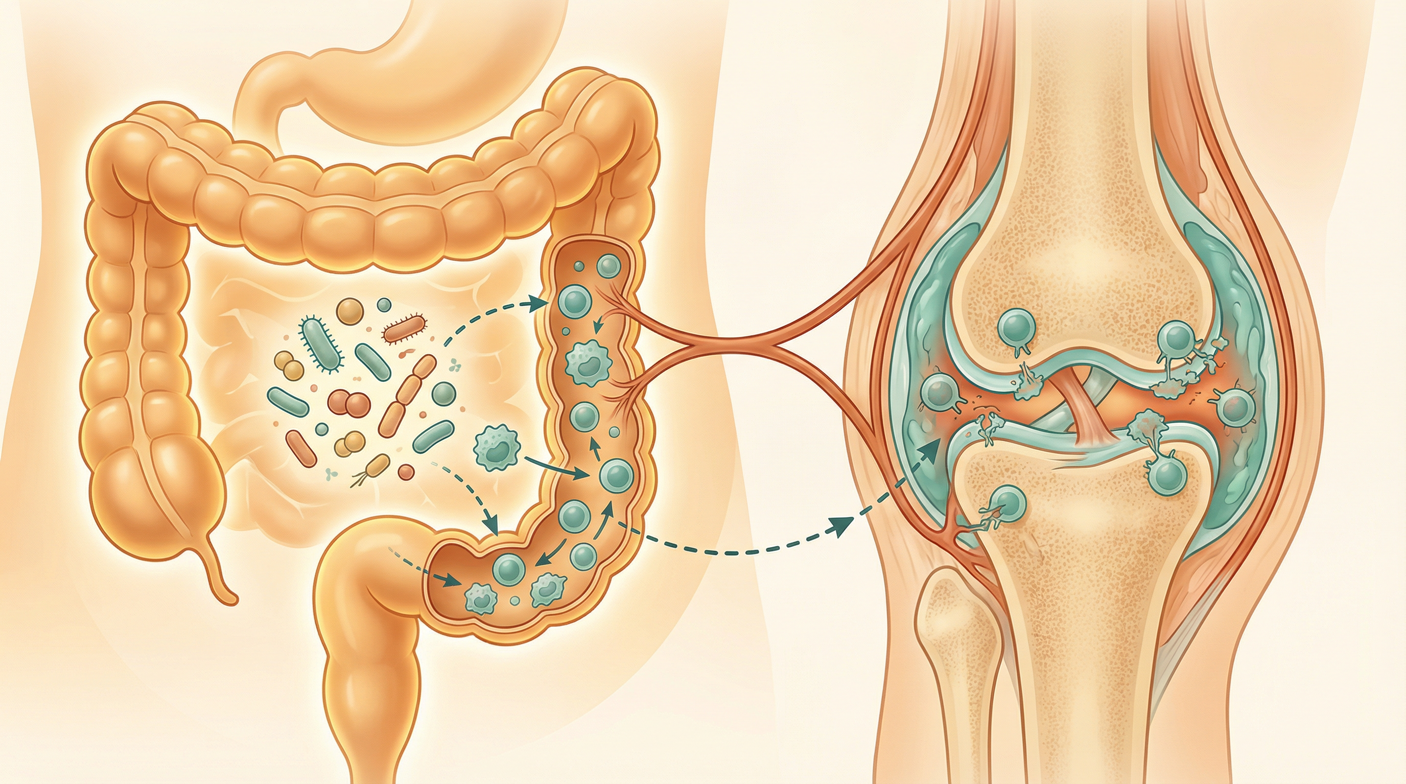 Medical illustration showing how gut microbiome imbalances trigger autoimmune joint inflammation in rheumatoid arthritis through molecular mimicry