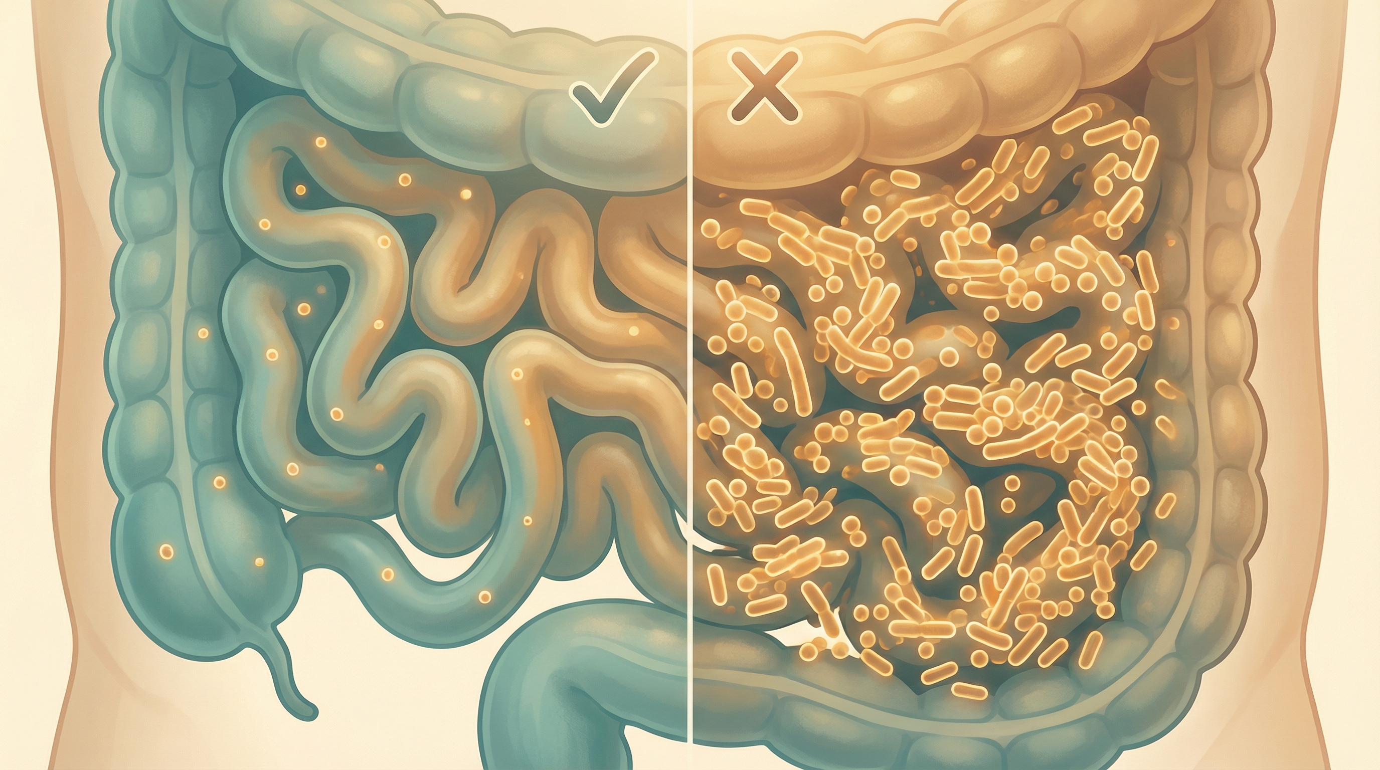 Illustration comparing normal small intestine bacterial levels versus the excessive bacterial overgrowth characteristic of SIBO