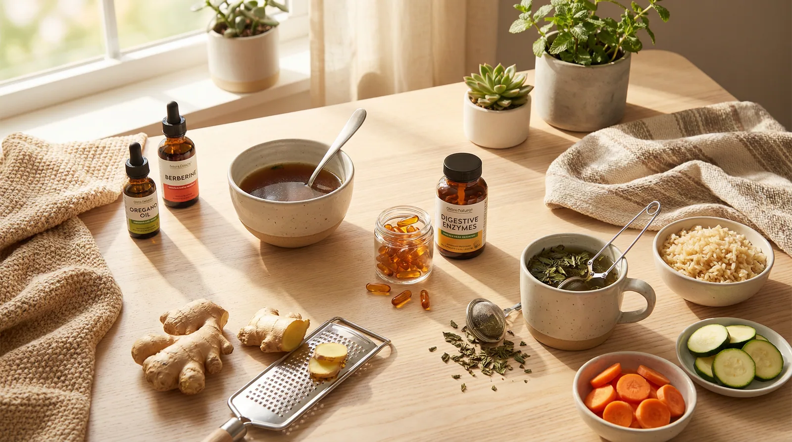 Herbal antimicrobials, digestive enzymes, and gut-healing foods used in comprehensive SIBO treatment protocols