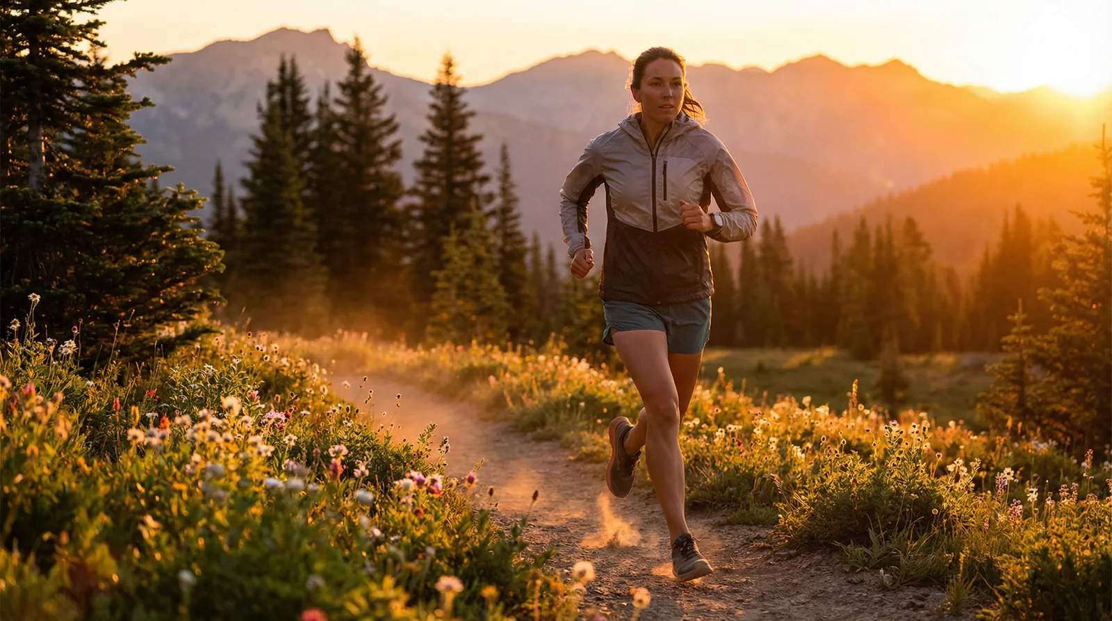 Person jogging on a scenic trail at golden hour representing active cardiovascular health through exercise