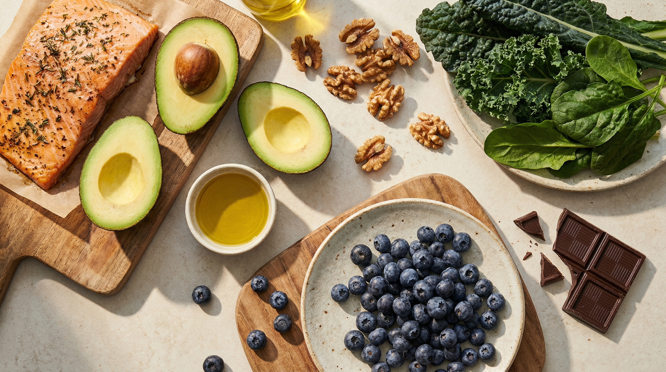 Heart-healthy foods including salmon, avocados, olive oil, walnuts, and blueberries that support cardiovascular microbiome
