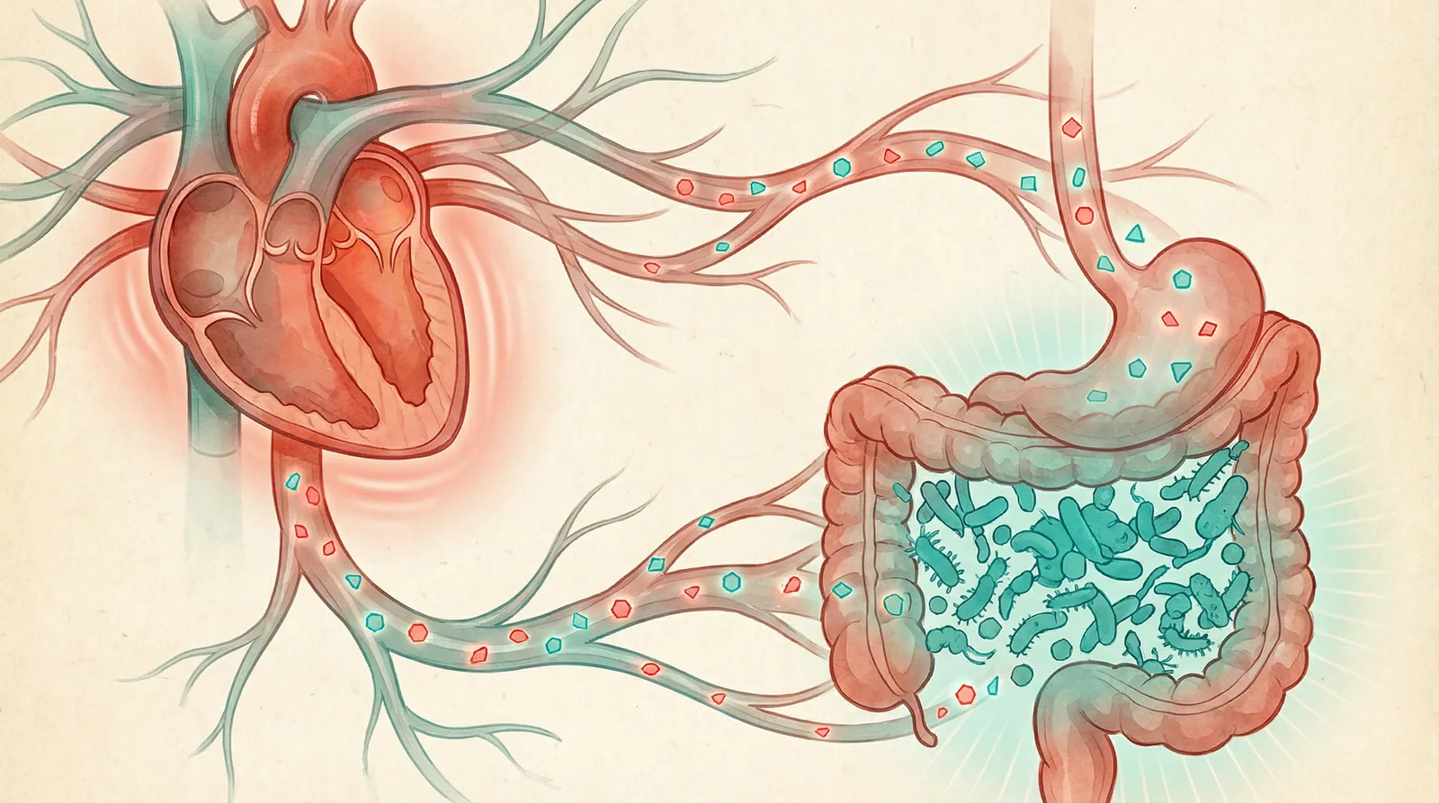 Scientific illustration of the gut-heart axis showing how microbiome metabolites influence cardiovascular health