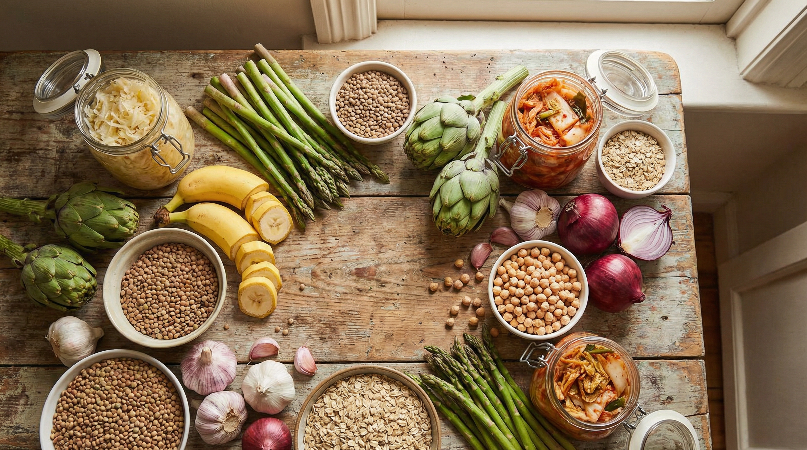 Overhead view of prebiotic and probiotic-rich foods including whole grains, garlic, asparagus, and fermented vegetables