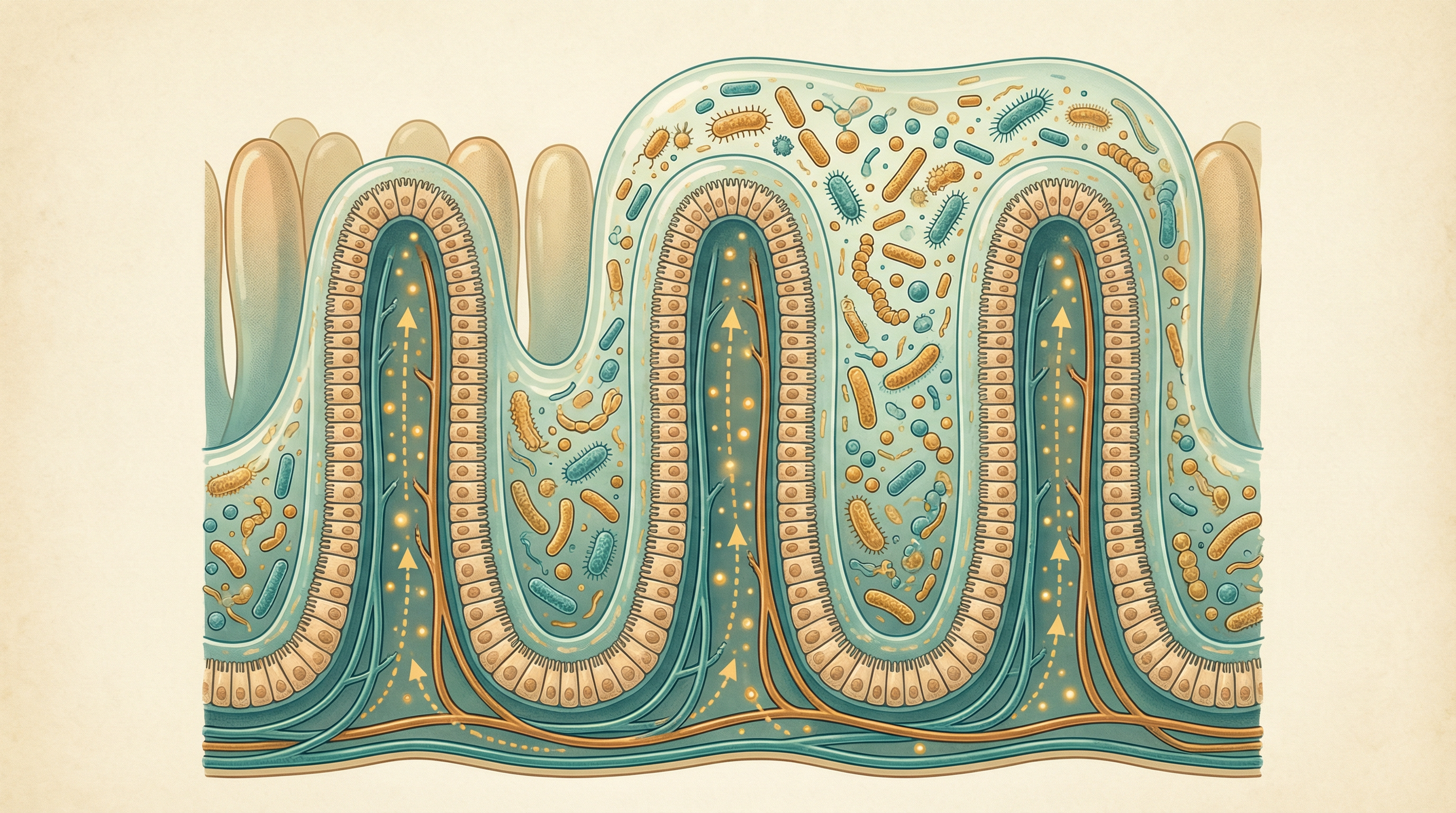 Scientific illustration of the gut microbiome ecosystem showing intestinal villi with beneficial bacteria colonies