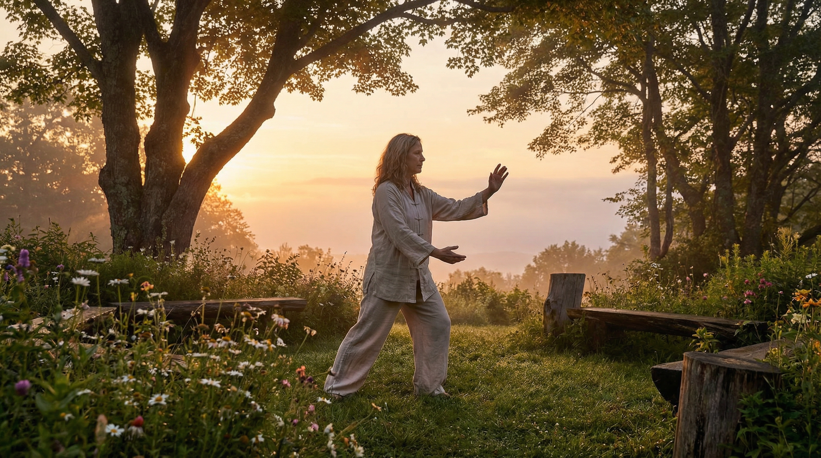 Person doing gentle stretching at sunrise in nature representing hormonal balance through stress management