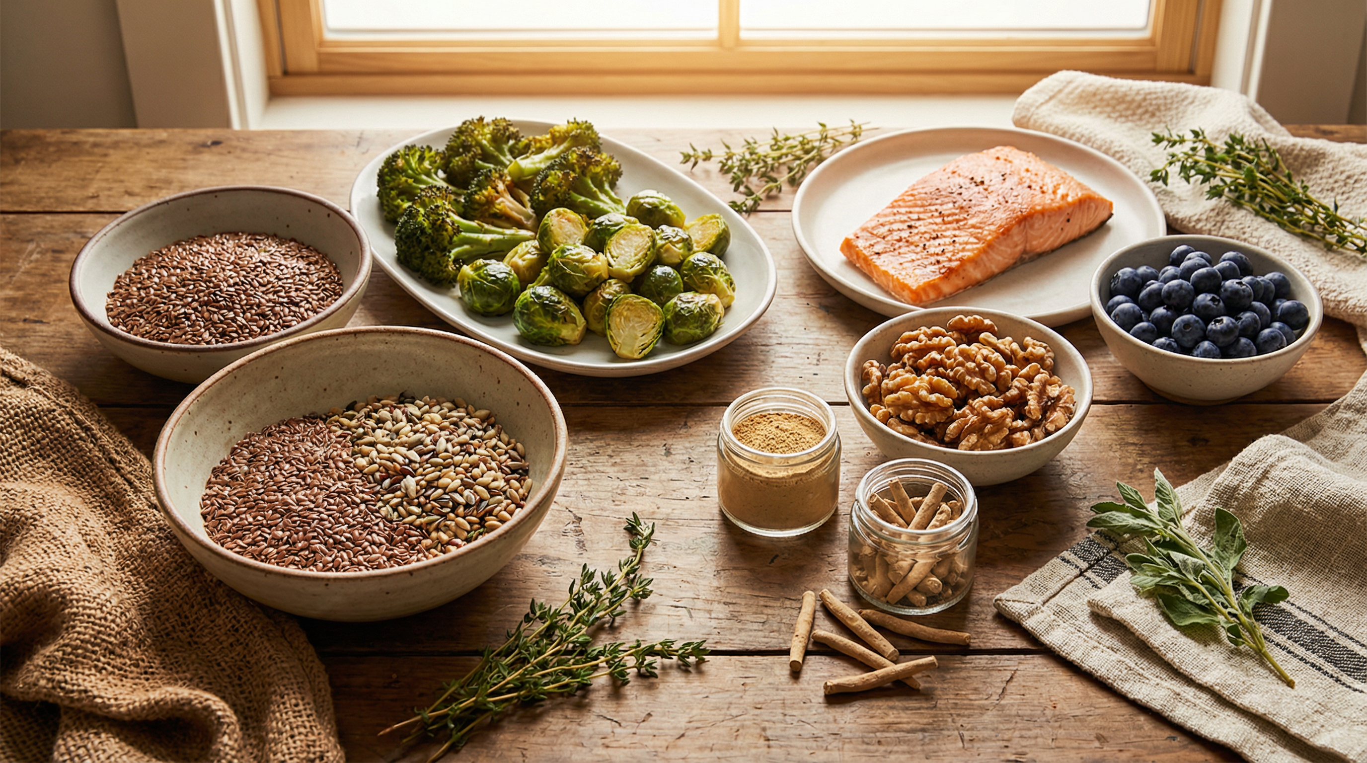 Hormone-balancing foods including flaxseeds, cruciferous vegetables, wild-caught fish, and adaptogenic herbs