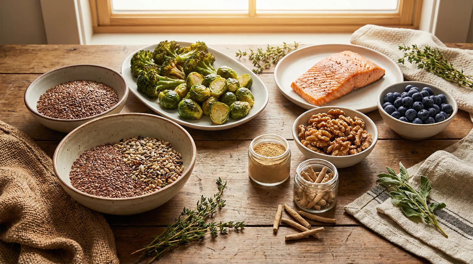 Hormone-balancing foods including flaxseeds, cruciferous vegetables, wild-caught fish, and adaptogenic herbs