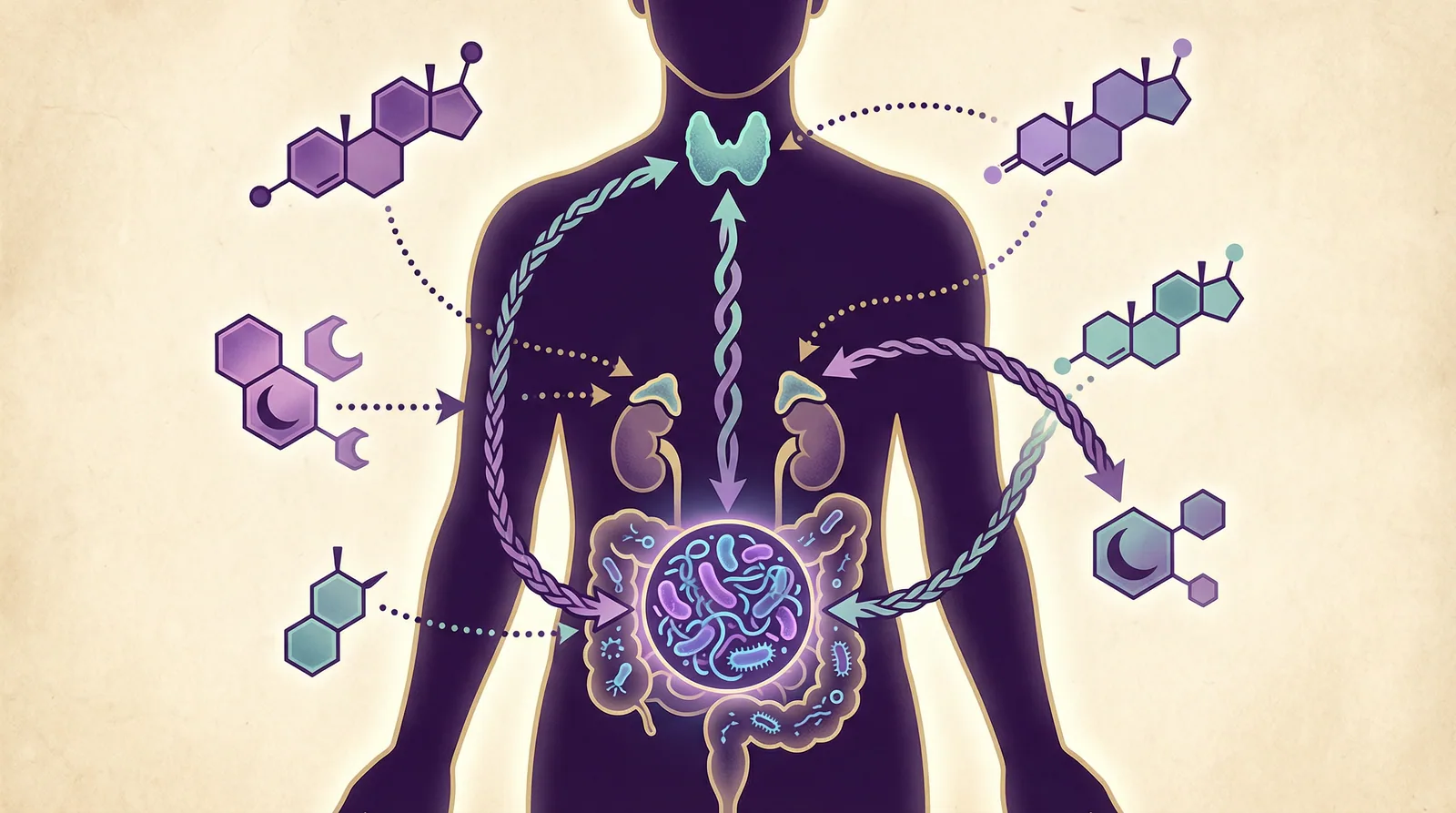 Scientific illustration of the gut microbiome influence on hormonal balance including estrobolome and thyroid pathways