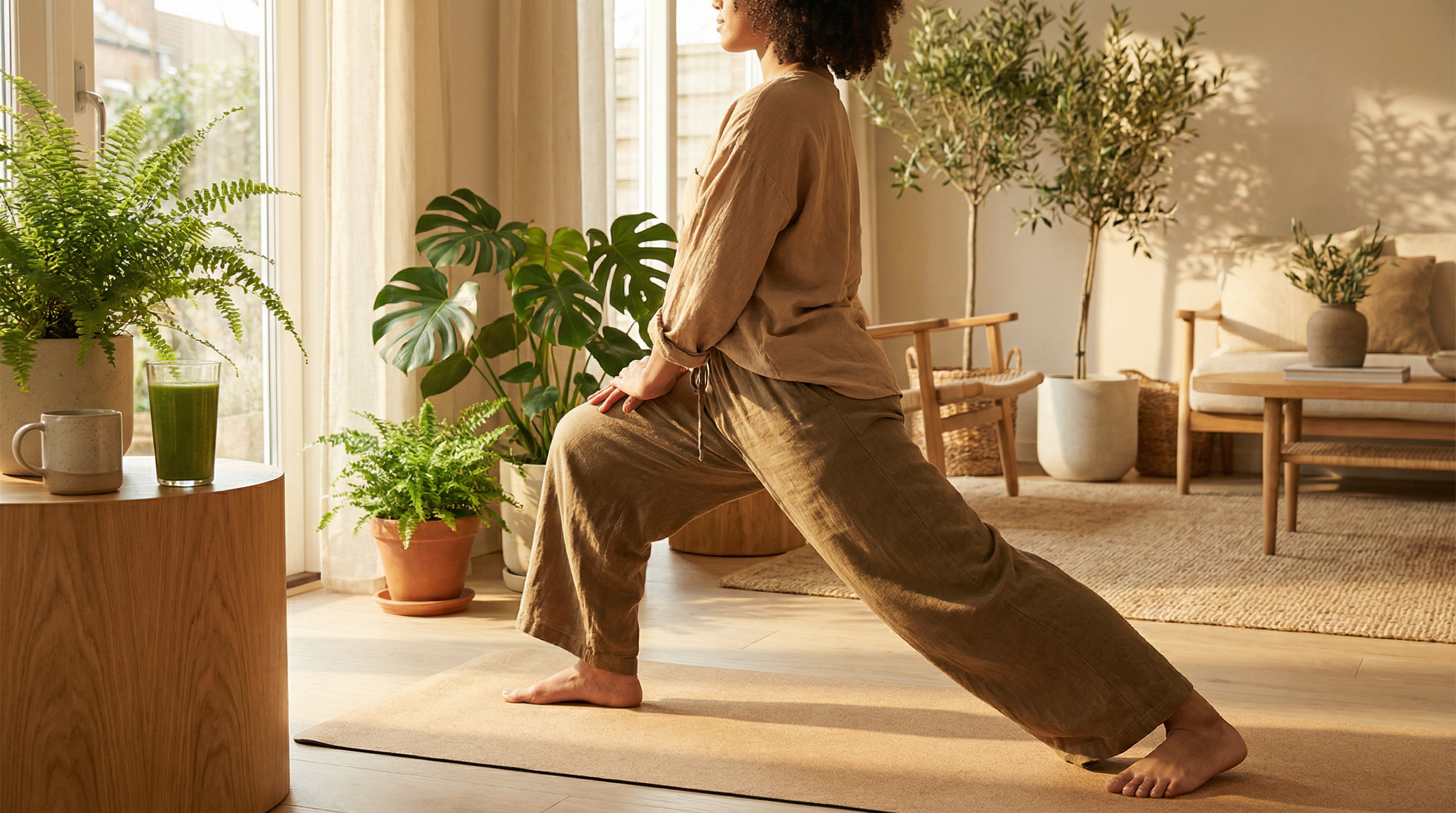 Person practicing morning yoga in a sunlit room representing holistic immune health through mind-body wellness