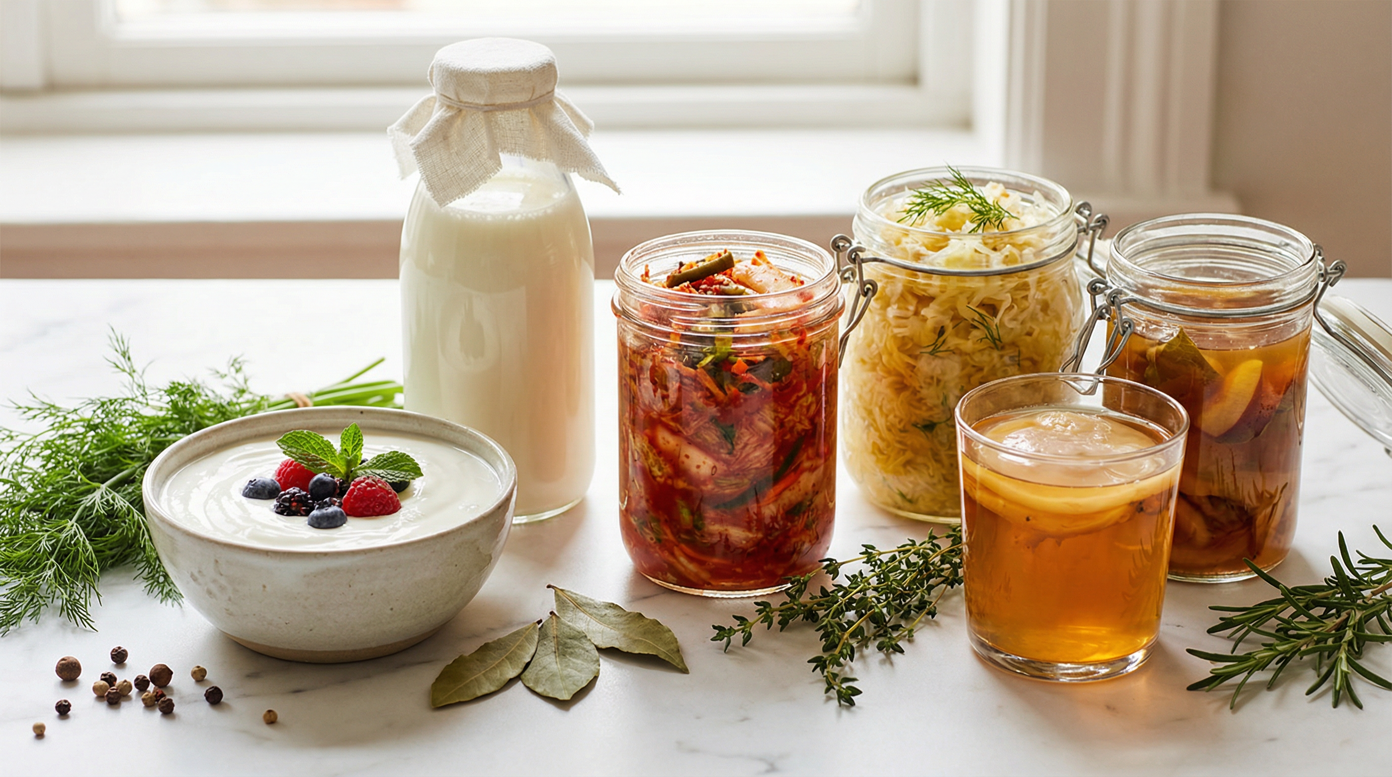 Artfully arranged fermented foods including yogurt, kefir, kimchi, and sauerkraut that support immune health