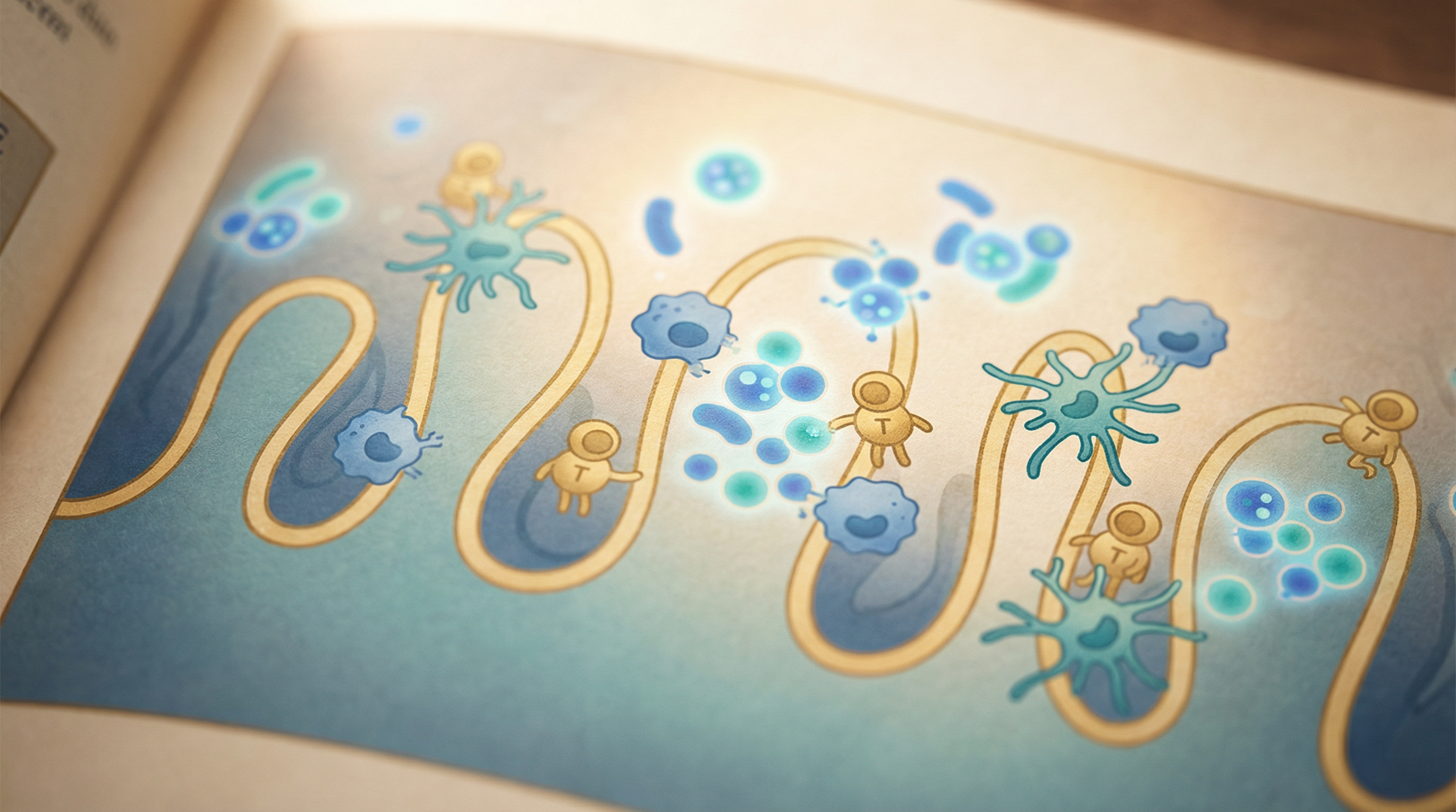 Illustration of the human immune system and gut microbiome connection showing immune cells interacting with beneficial bacteria