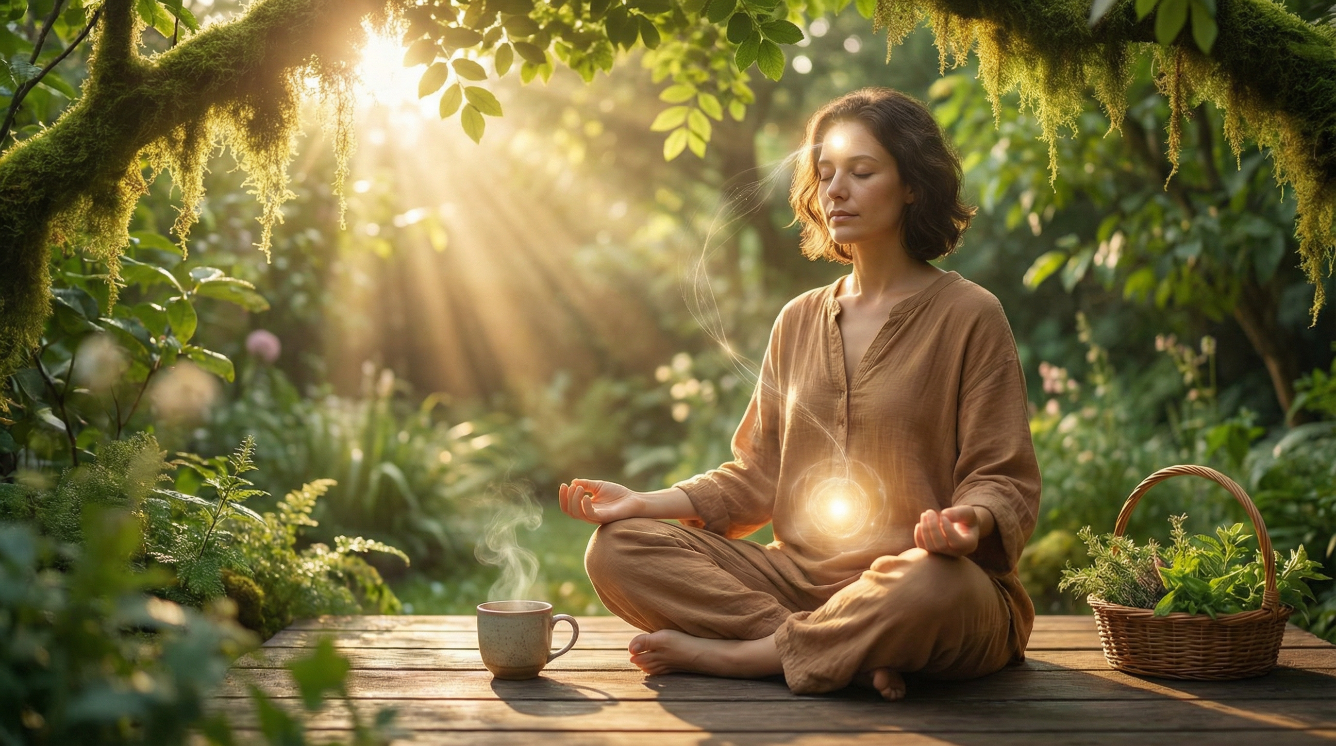 Person meditating in a tranquil garden representing the mind-gut connection and mental wellness through mindfulness