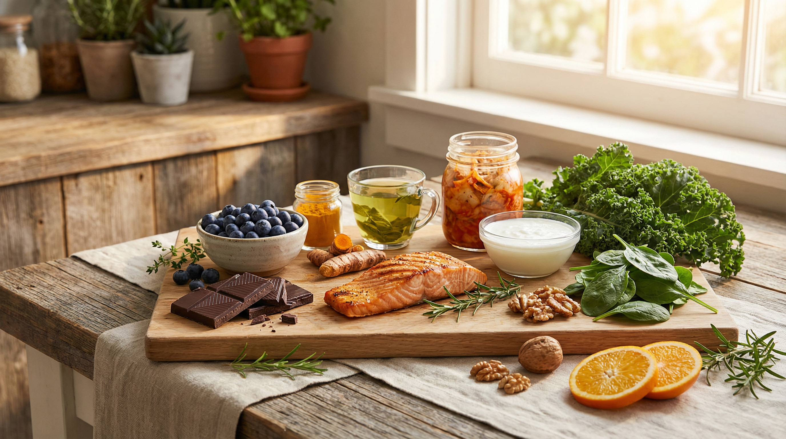 Brain-boosting and mood-supporting foods including fatty fish, blueberries, dark chocolate, and fermented foods