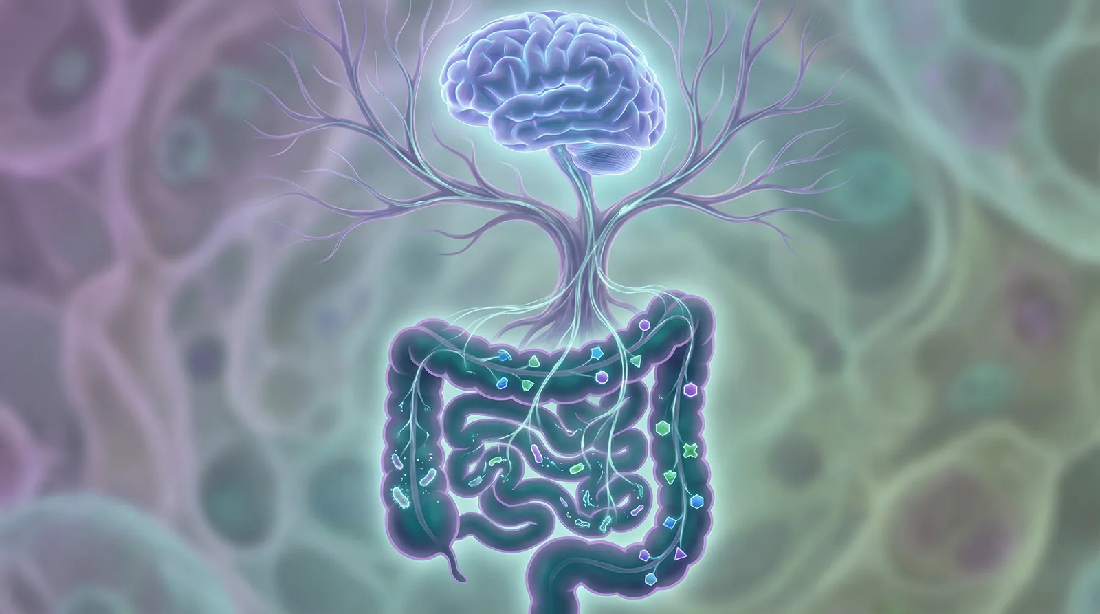 Illustration of the gut-brain axis showing neural pathways and neurotransmitter production by gut bacteria