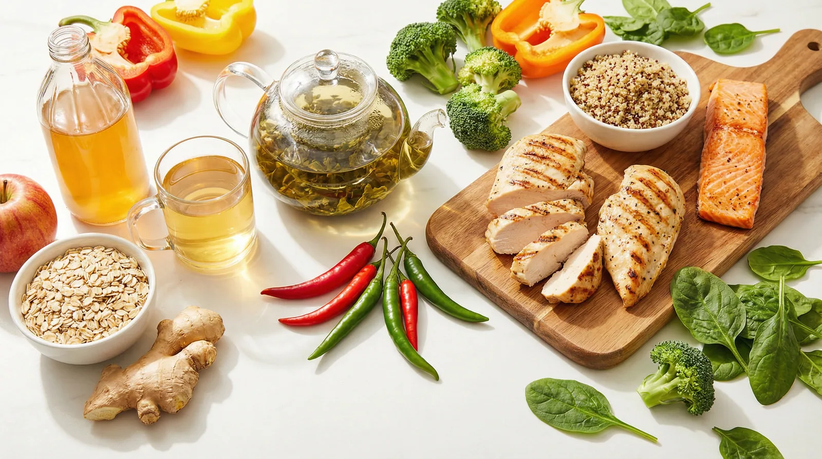 Metabolism-boosting foods including green tea, lean proteins, whole grains, ginger, and colorful vegetables