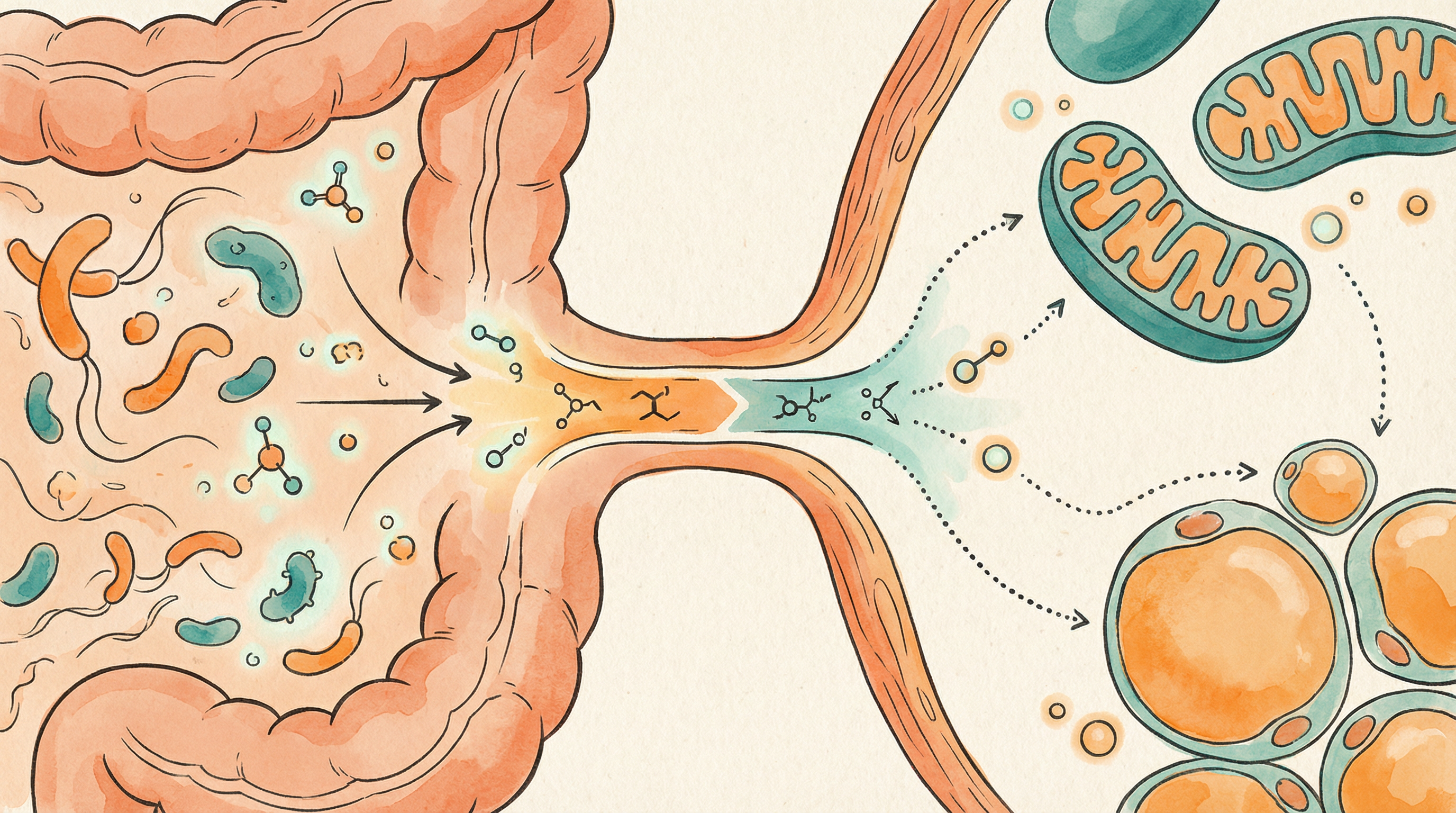 Scientific illustration of metabolic pathways influenced by gut microbiome including short-chain fatty acid production