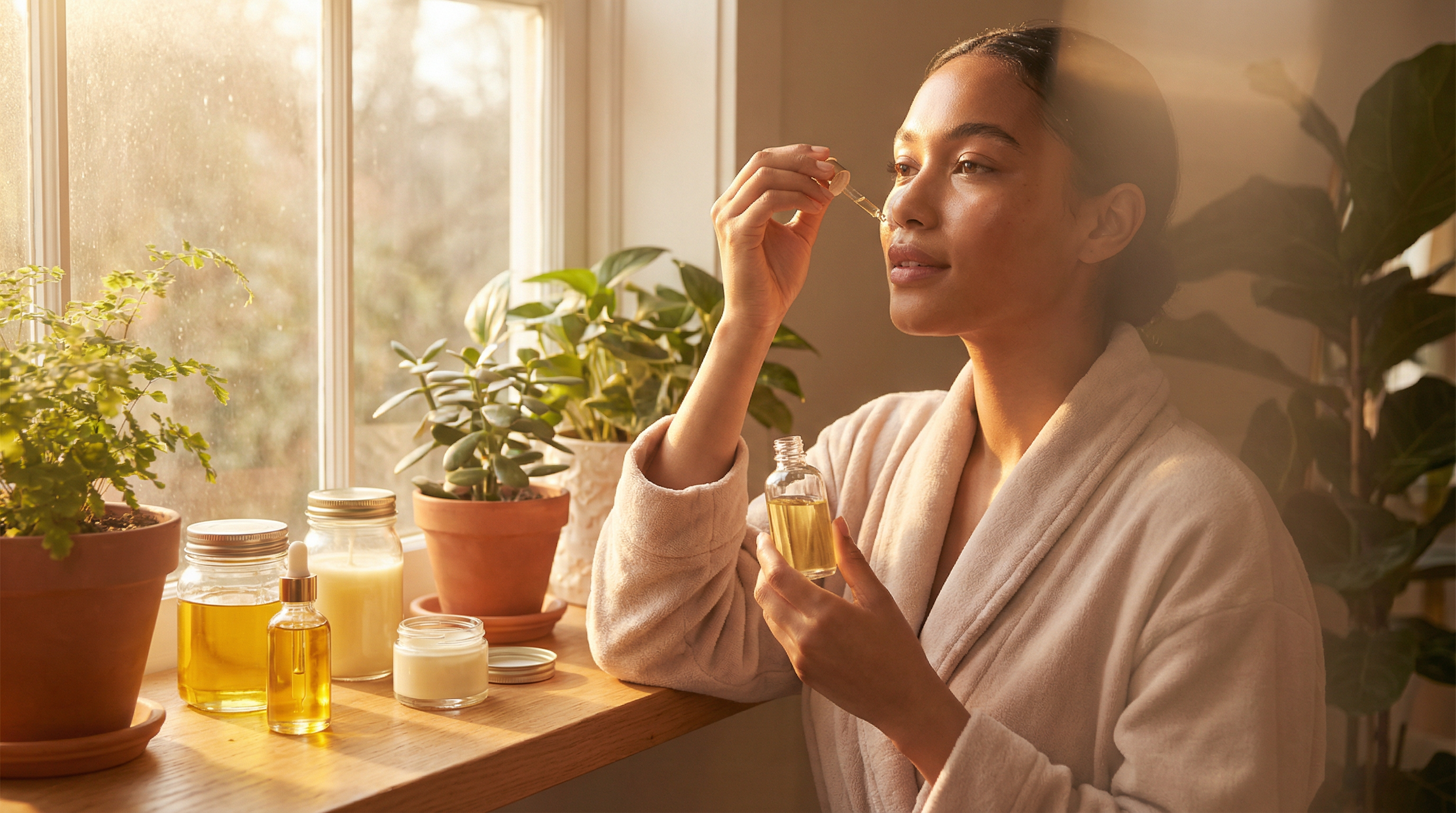 Person with healthy glowing skin doing a morning skincare routine with natural products near a sunlit window