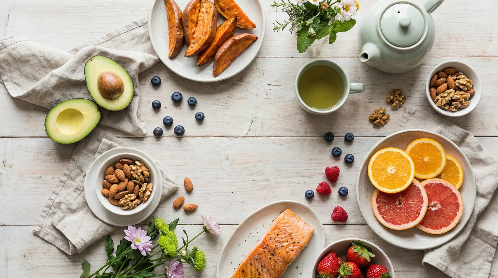Skin-nourishing foods including avocados, sweet potatoes, fatty fish, citrus fruits, and berries
