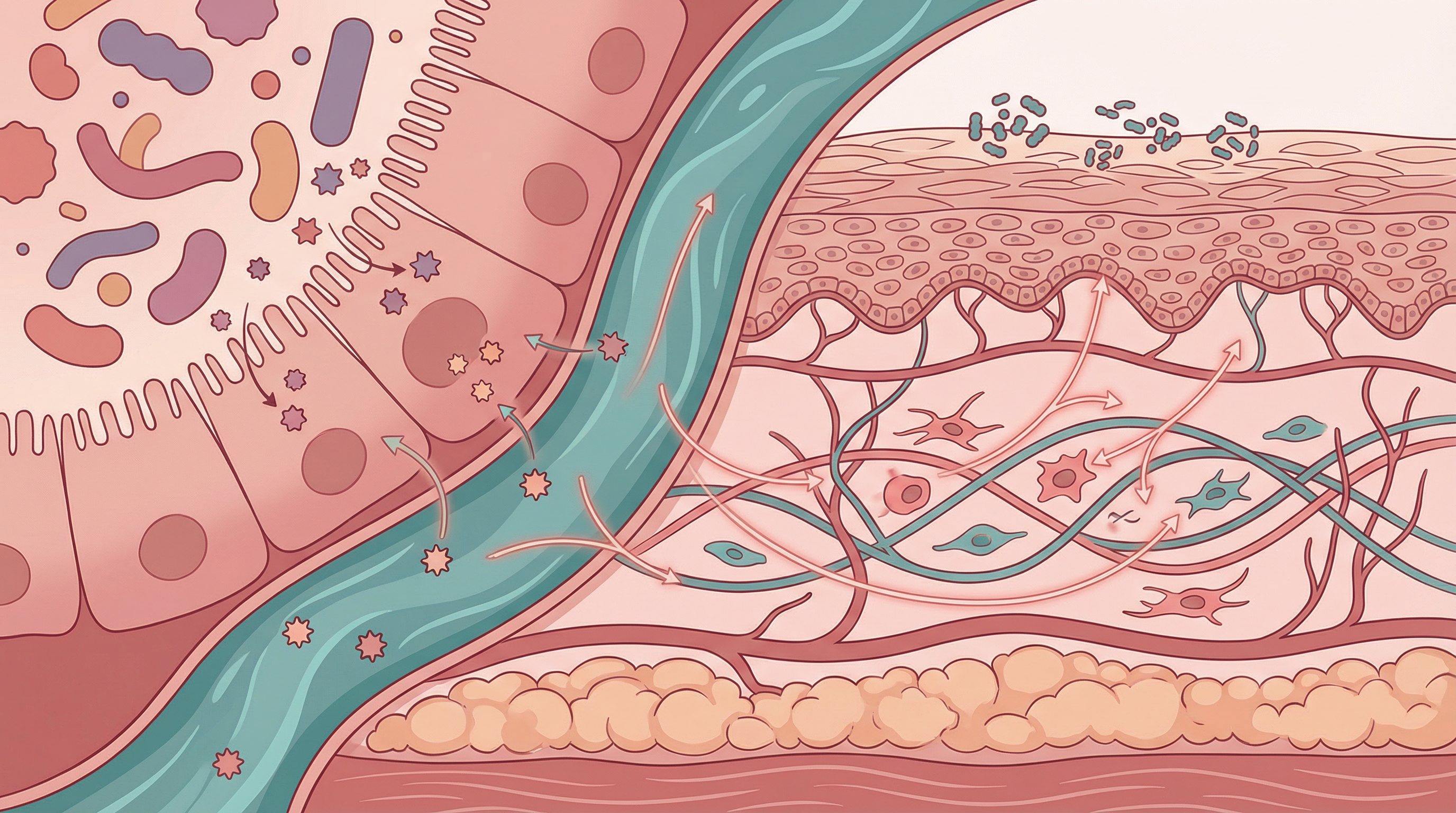 Scientific illustration of the gut-skin axis showing how microbiome metabolites influence skin health