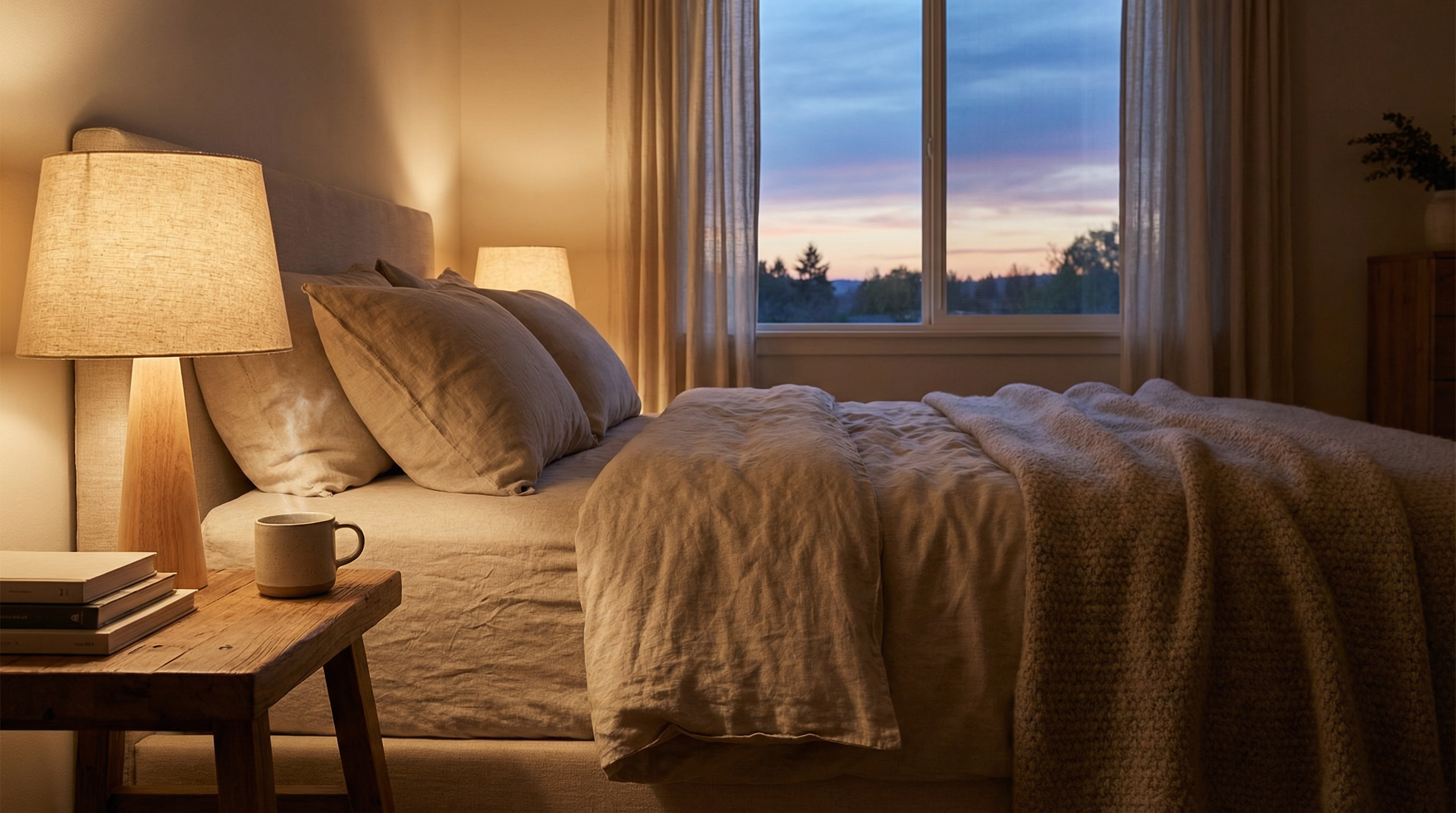 Serene bedroom scene at twilight with herbal tea representing optimal sleep hygiene and restful environment