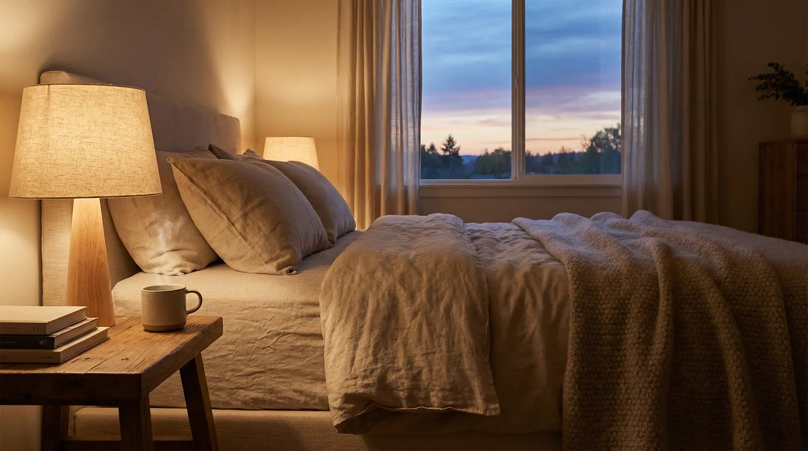 Serene bedroom scene at twilight with herbal tea representing optimal sleep hygiene and restful environment