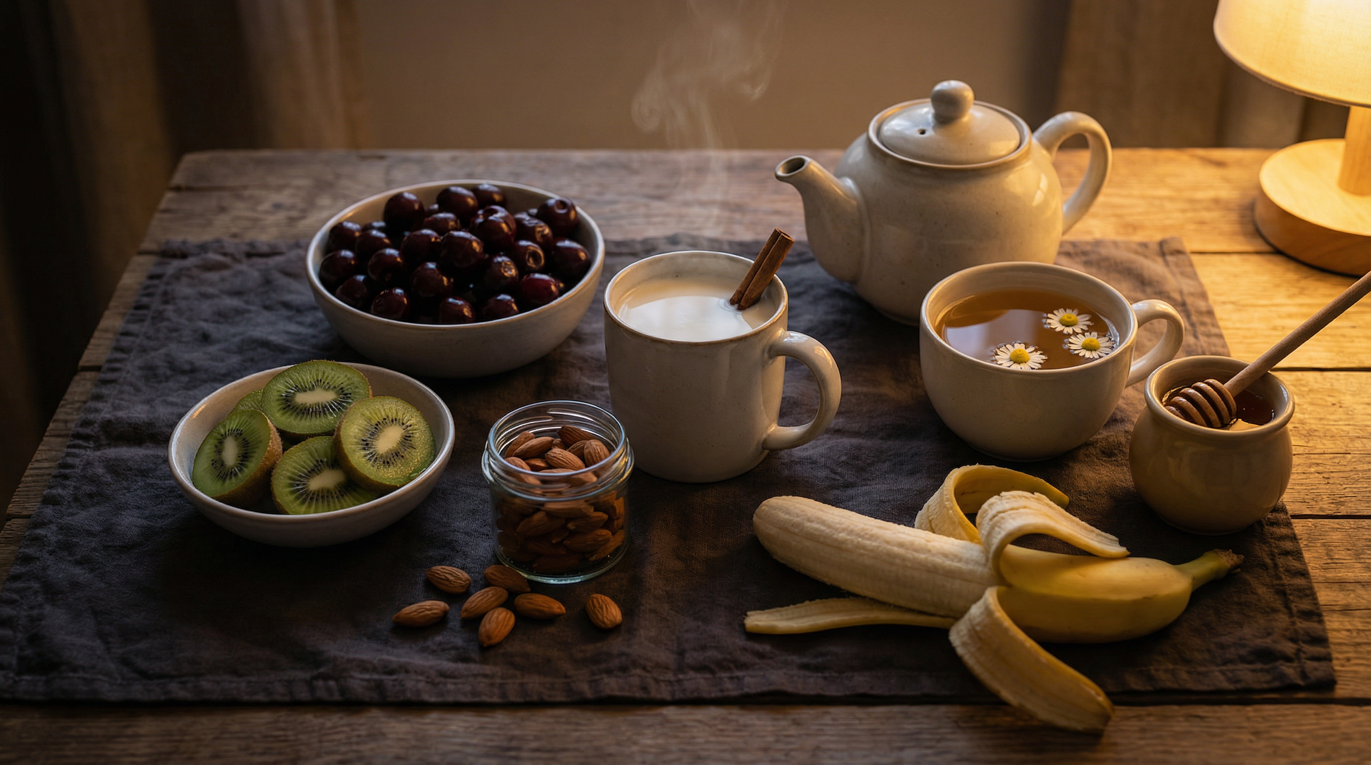 Sleep-supporting foods including tart cherries, kiwi, almonds, chamomile tea, and bananas in warm evening lighting