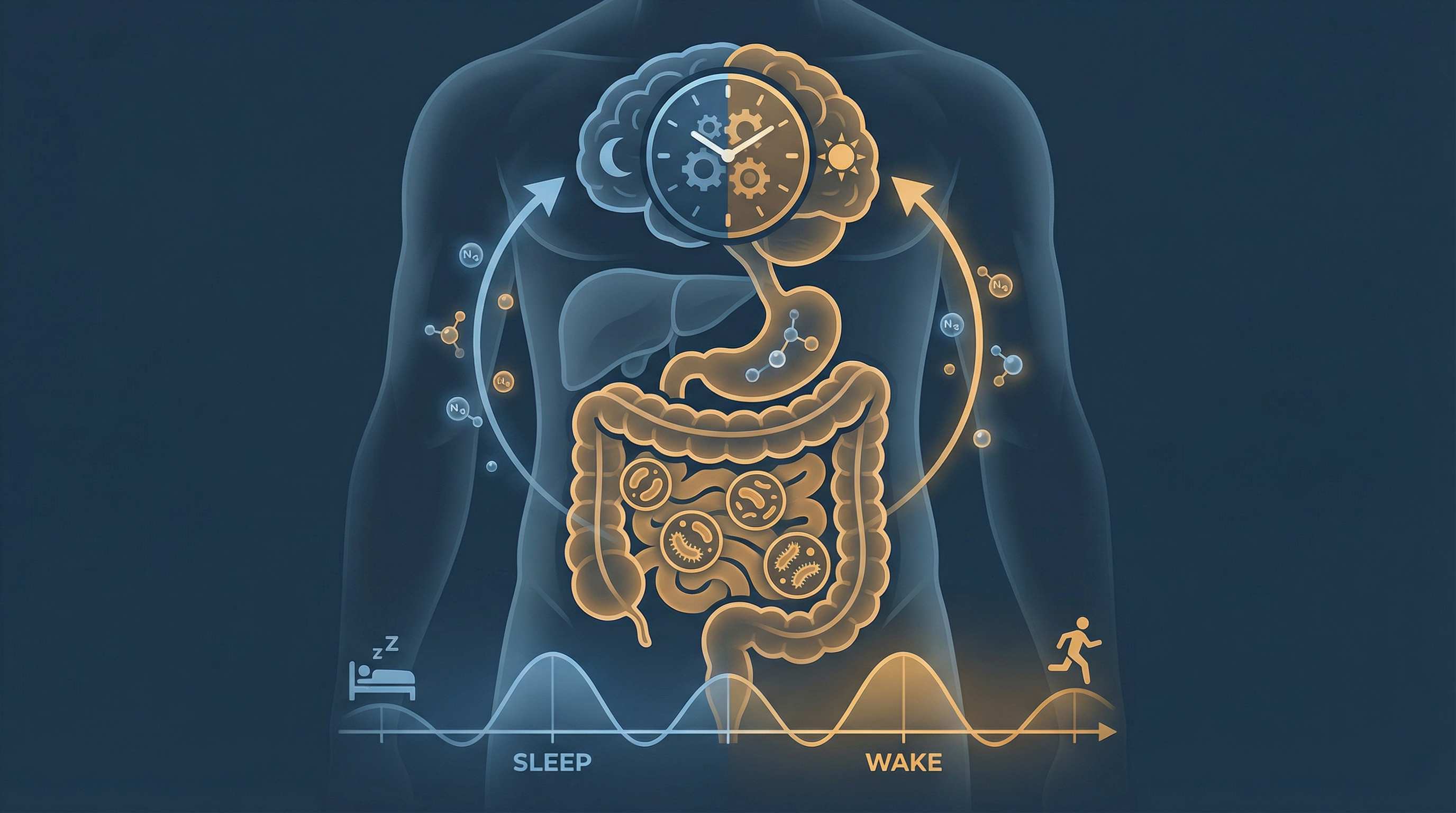 Scientific illustration of the relationship between gut microbiome and circadian rhythm with melatonin production pathways