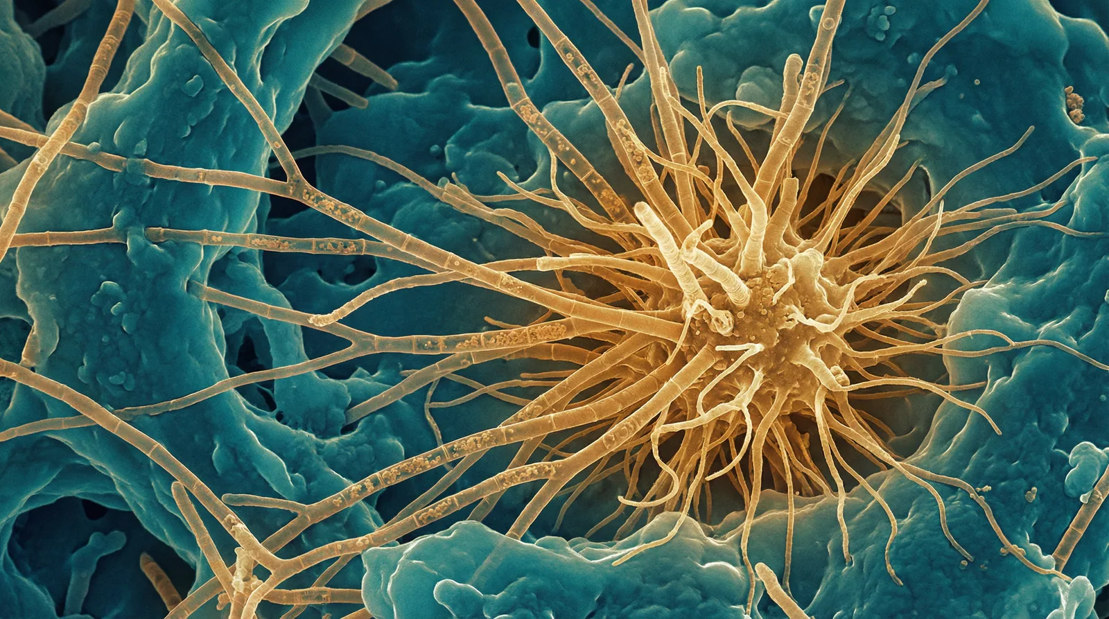Scientifically accurate microscopy-style illustration of Actinomyces israelii showing its characteristic gram-positive filamentous branching bacterium forming characteristic sulfur granules